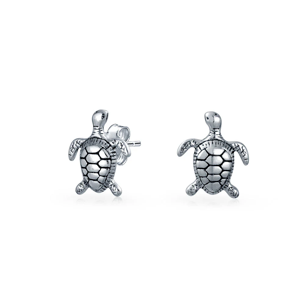 Tiny Nautical Sea Beach Turtle Pendant Necklace & Stud Earrings Jewelry Set .925 Sterling Silver - Image 2