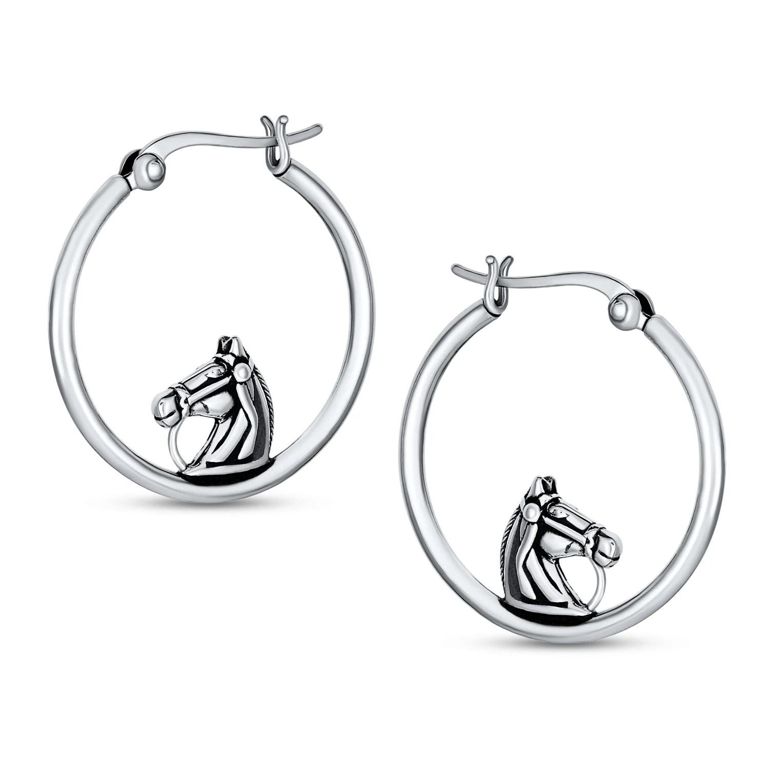 Hoop Huggie Earrings Sterling Silver Horse Design 1.25 Inch Western Style - Image 2