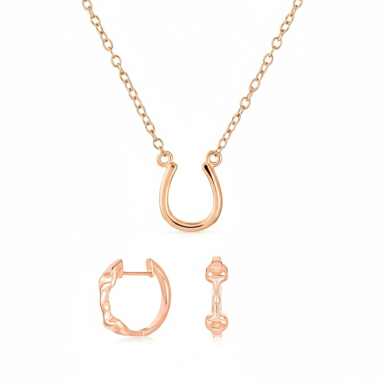 Horseshoe Pendant Necklace & Snaffle Bit Hoop Earrings Set Rose Gold Plated