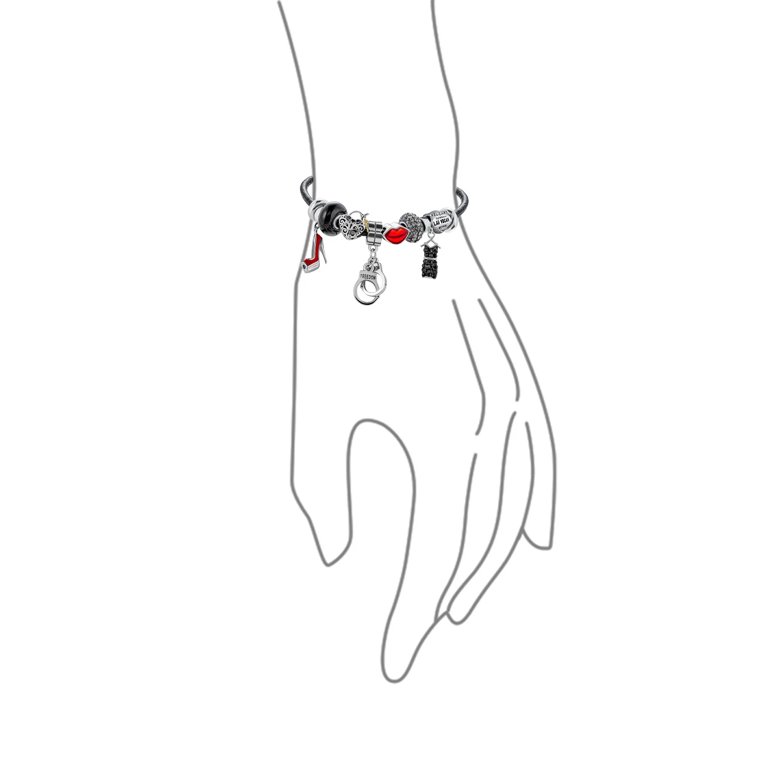 Hot Wife Partners in Crime Heart Charm Bracelet Black Leather Sterling Silver 6.5-8" - Image 2