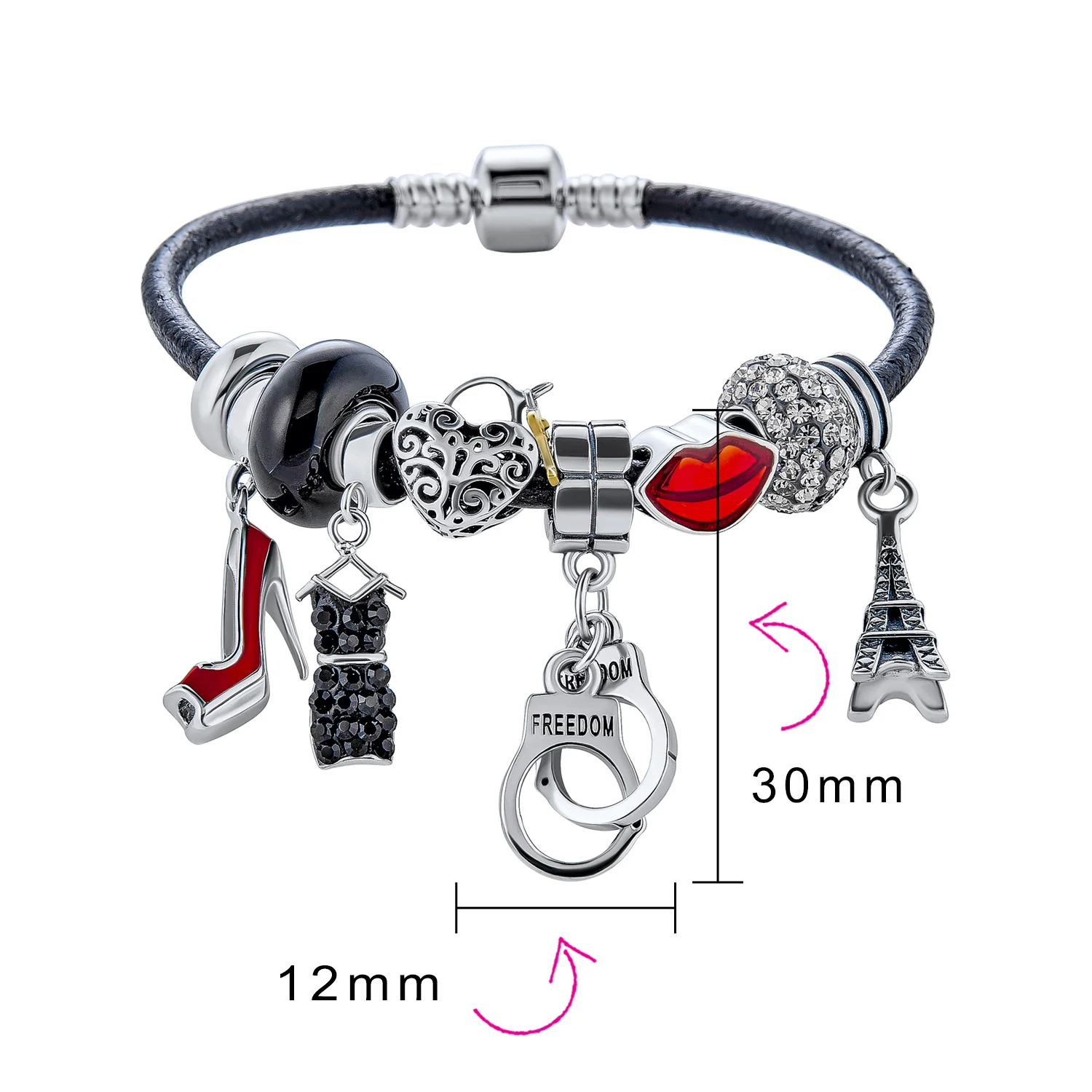 Hot Wife Partners in Crime Heart Charm Bracelet Black Leather Sterling Silver 6.5-8" - Image 3