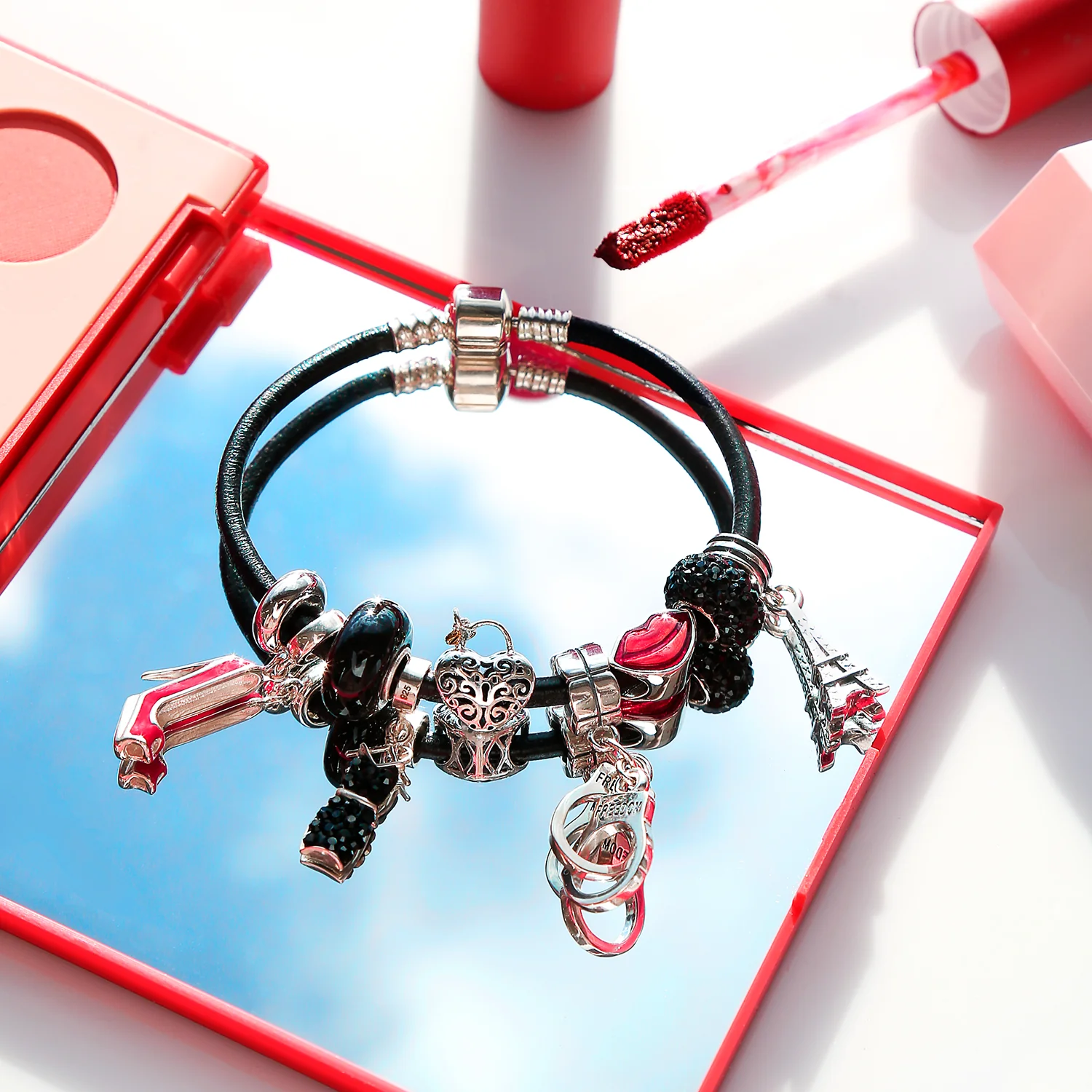 Hot Wife Partners in Crime Heart Charm Bracelet Black Leather Sterling Silver 6.5-8" - Image 5