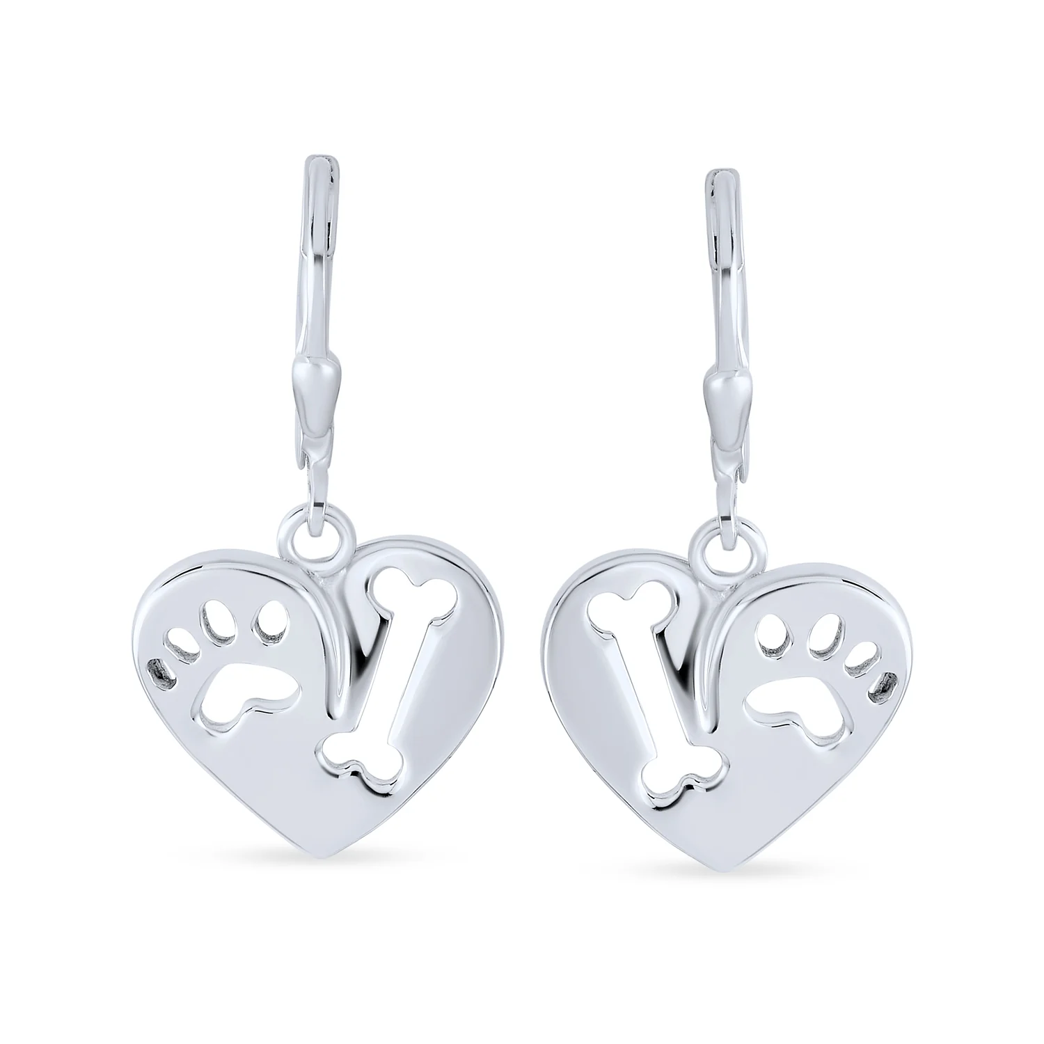 I Love My Dog Paw Print Dangle Heart Shape Earrings Animal Lover .925 Sterling Silver Lever back - Image 3