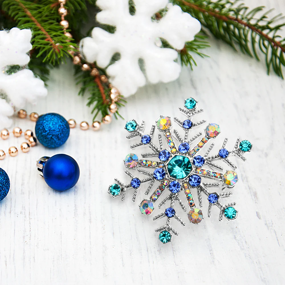 Large Multi Ice Blue Snowflake Brooche Pin Crystal Holiday Party Rhodium Plated - Image 5