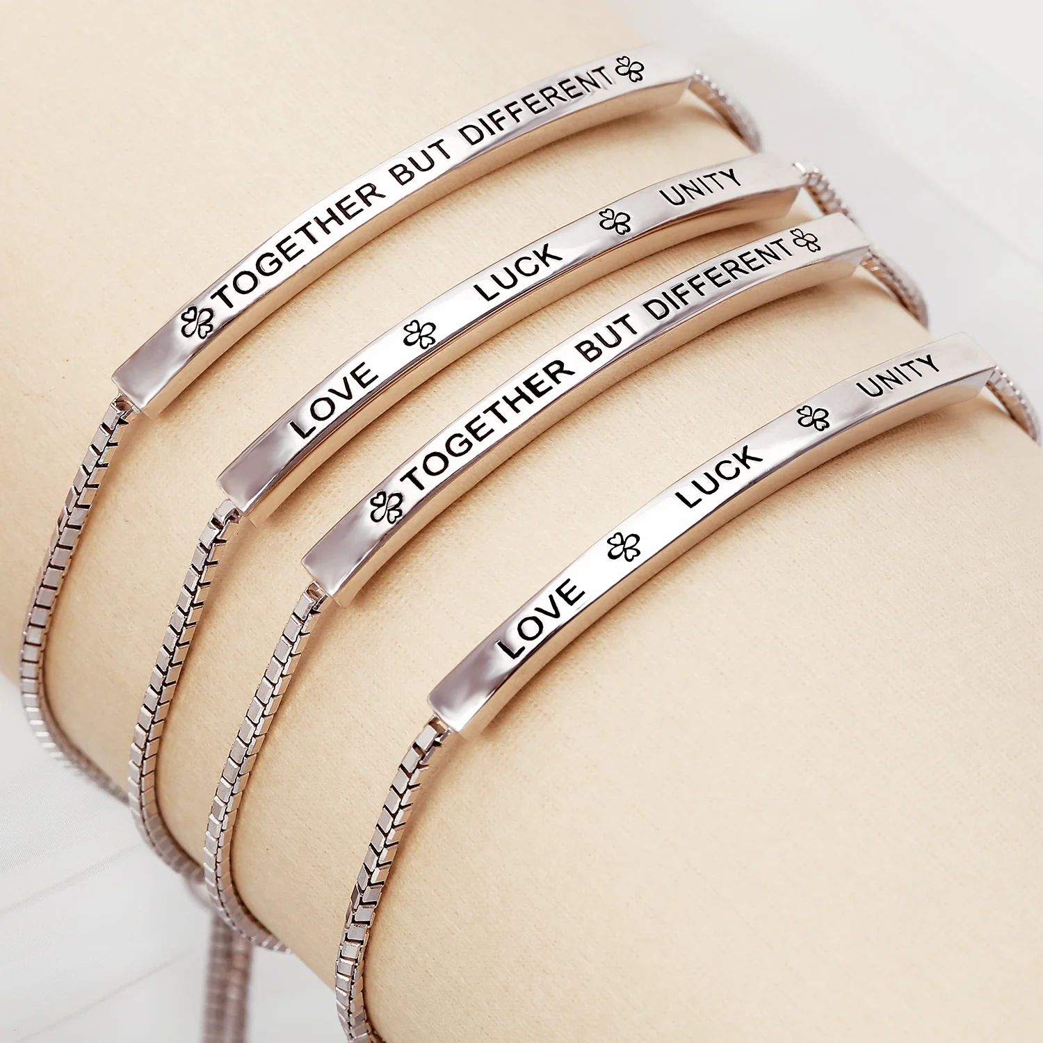 BFF Love Luck Unity Inspirational Words Bolo Bracelet .925 Sterling Silver Adjustable - Image 3