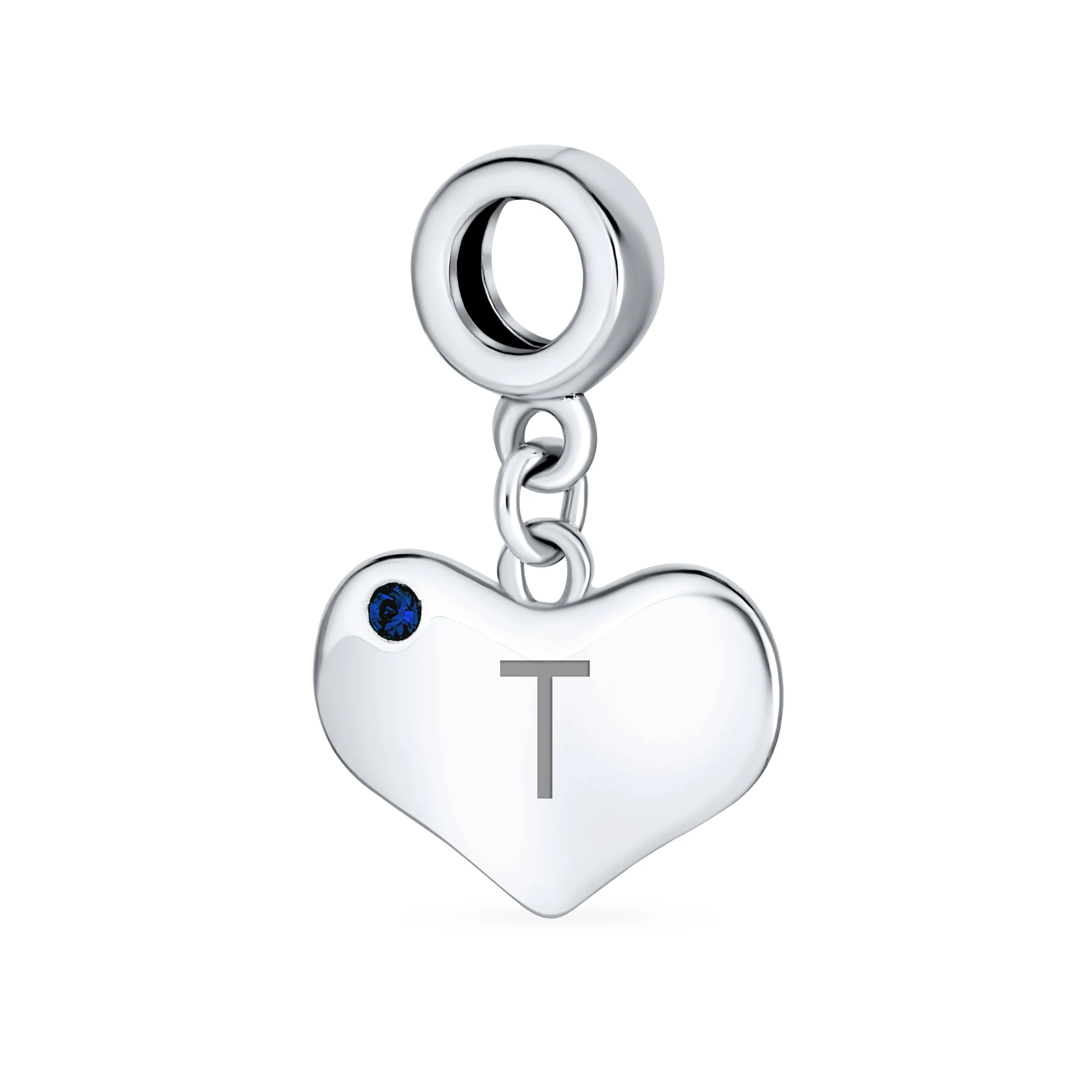 Initial Alphabet Blue Crystal Accent Heart Dangle Bead Charm Sterling Silver - Image 18
