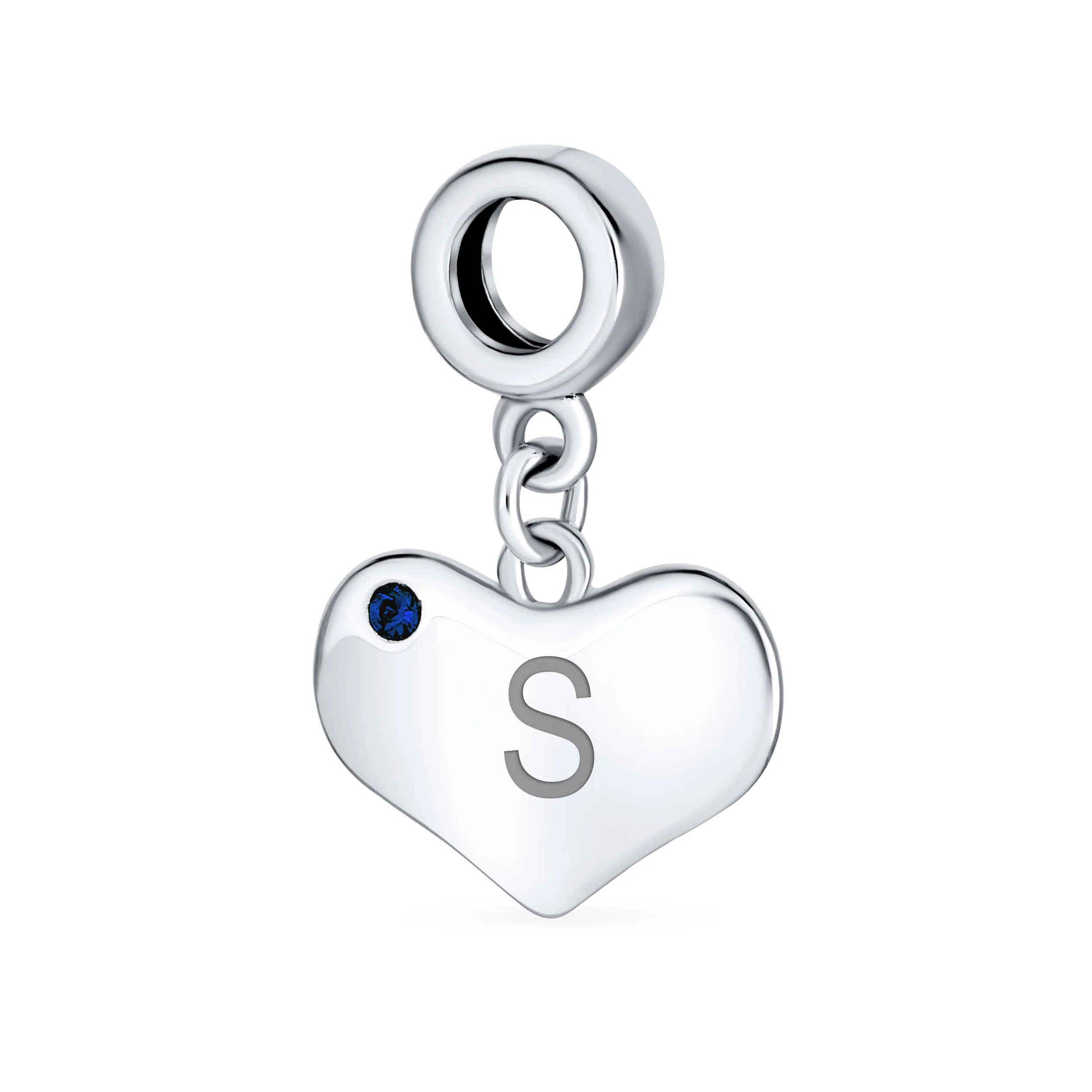 Initial Alphabet Blue Crystal Accent Heart Dangle Bead Charm Sterling Silver - Image 20
