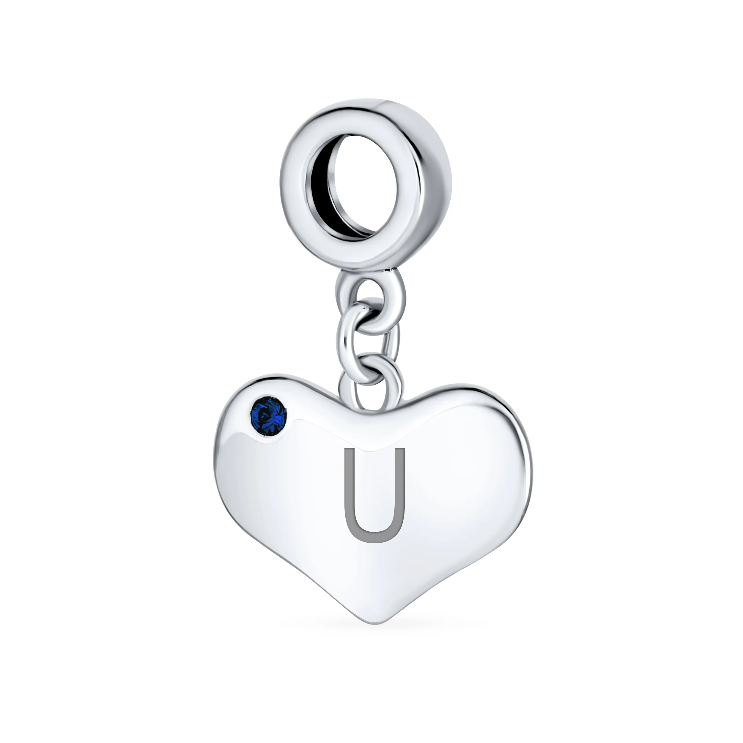 Initial Alphabet Blue Crystal Accent Heart Dangle Bead Charm Sterling Silver - Image 21