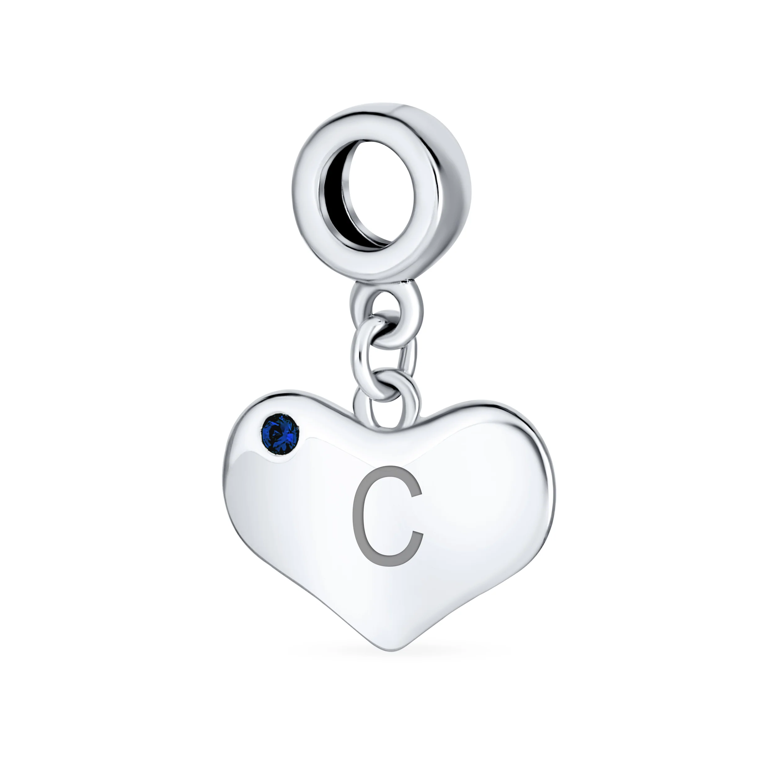 Initial Alphabet Blue Crystal Accent Heart Dangle Bead Charm Sterling Silver - Image 3