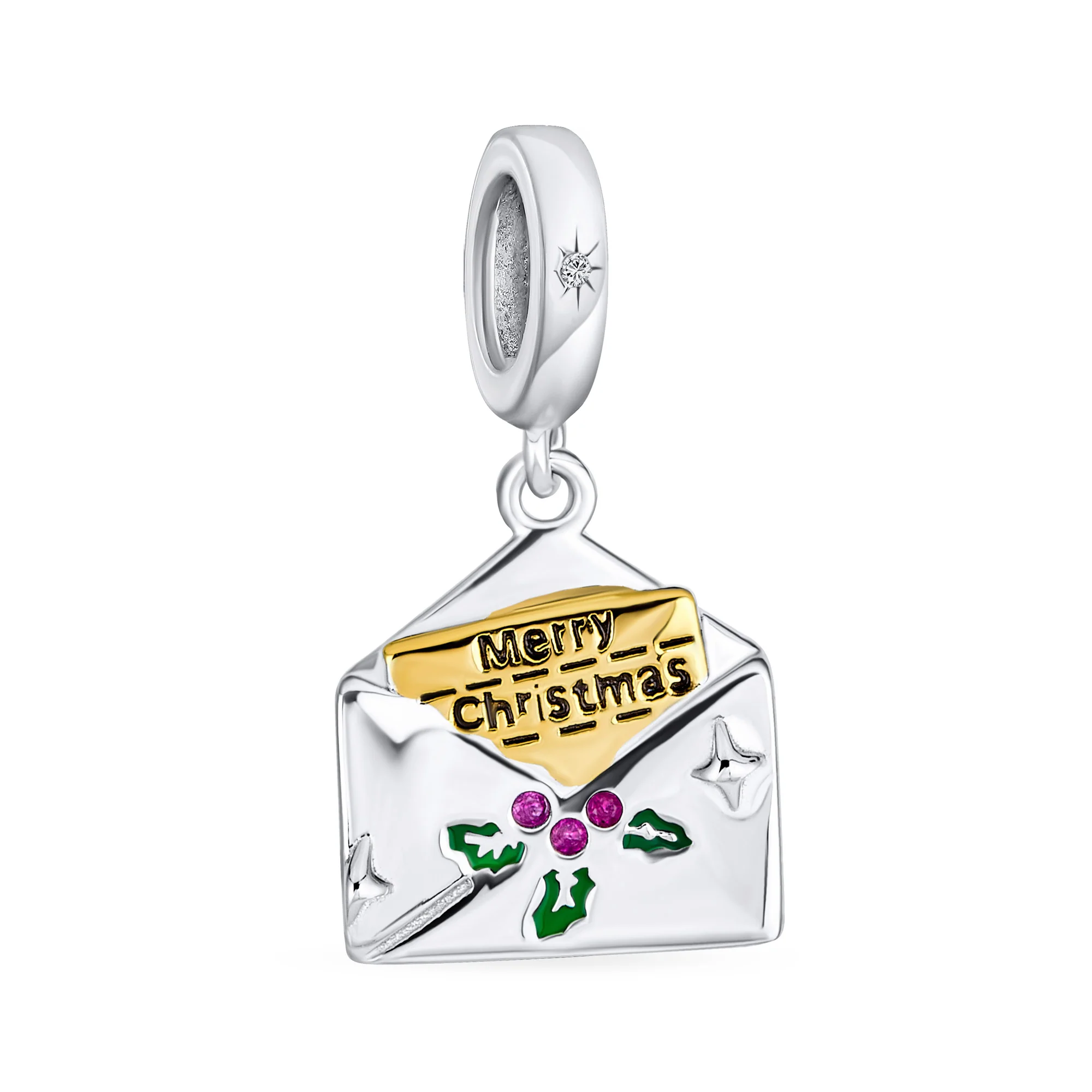 Initial Alphabet Bead Charm Holiday Green Mistletoe Red Berry Sterling Silver