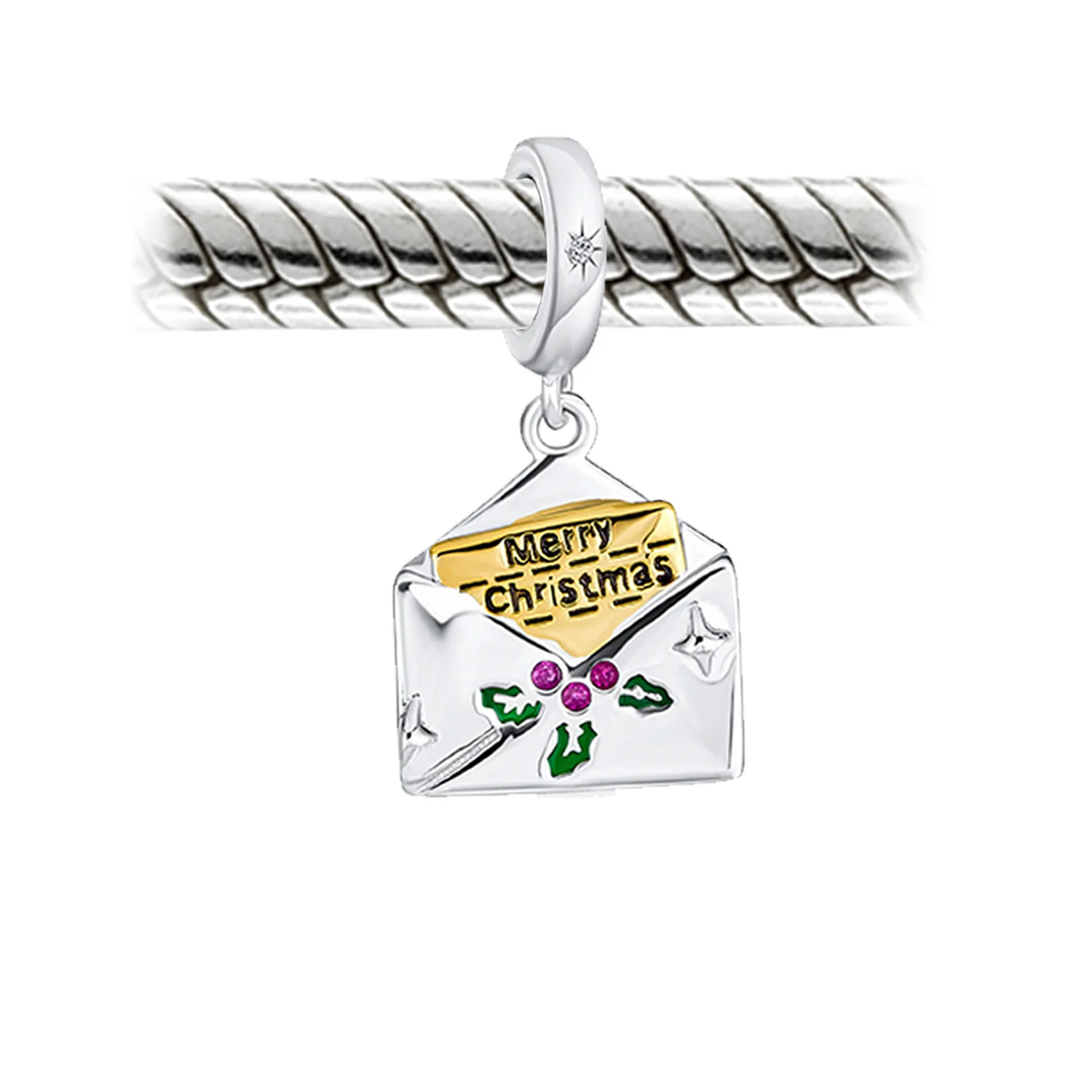 Initial Alphabet Bead Charm Holiday Green Mistletoe Red Berry Sterling Silver - Image 3