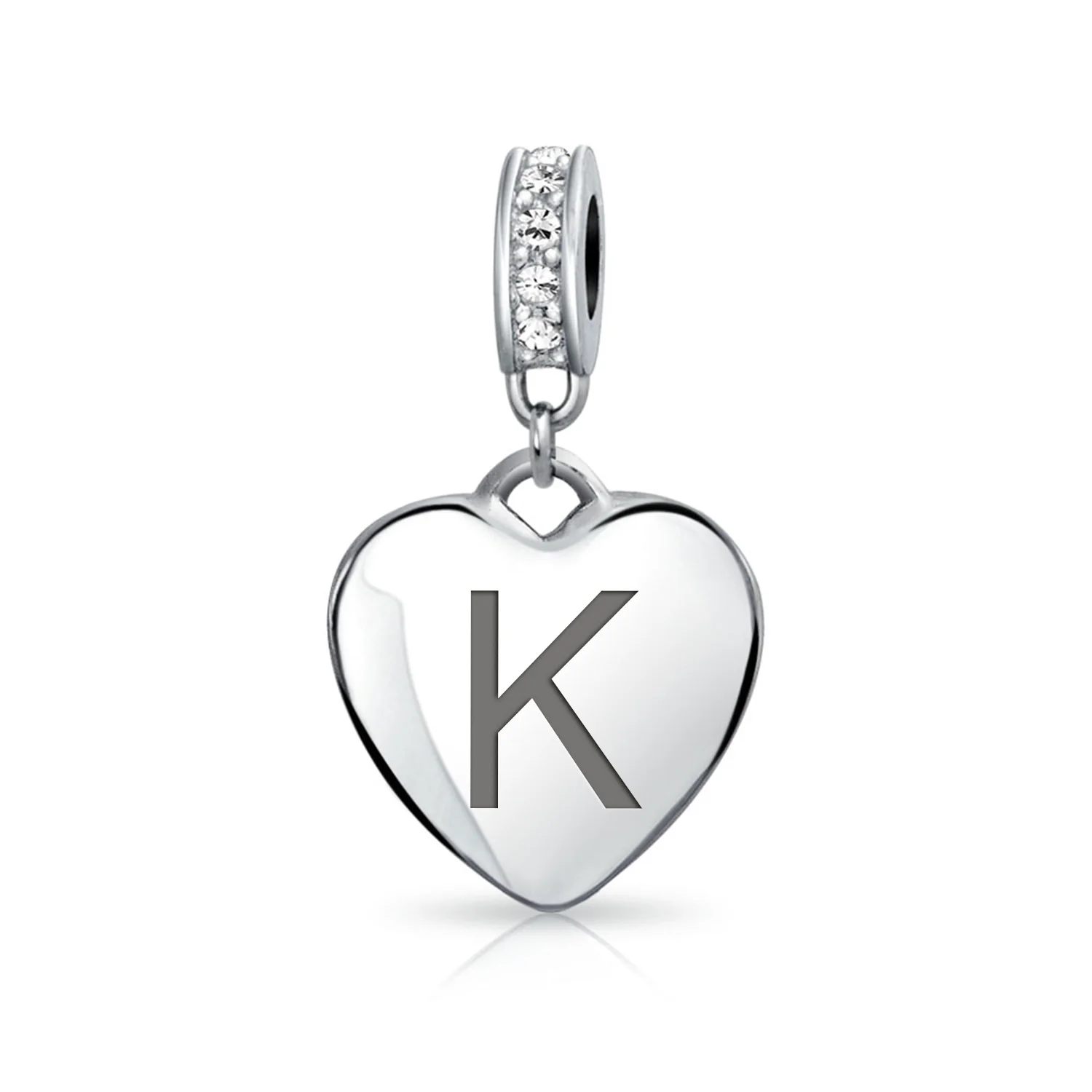 Initial Alphabet Clear Crystal Accent Heart Dangle Bead Charm Sterling Silver - Image 11