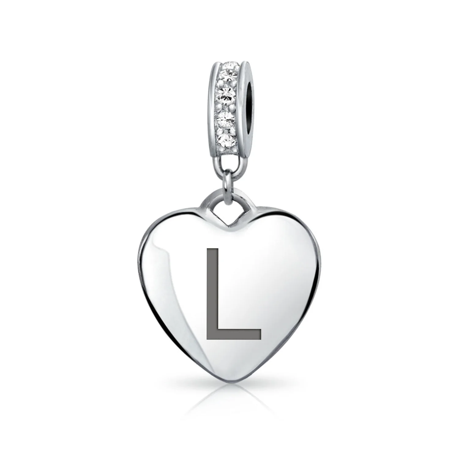 Initial Alphabet Clear Crystal Accent Heart Dangle Bead Charm Sterling Silver - Image 12
