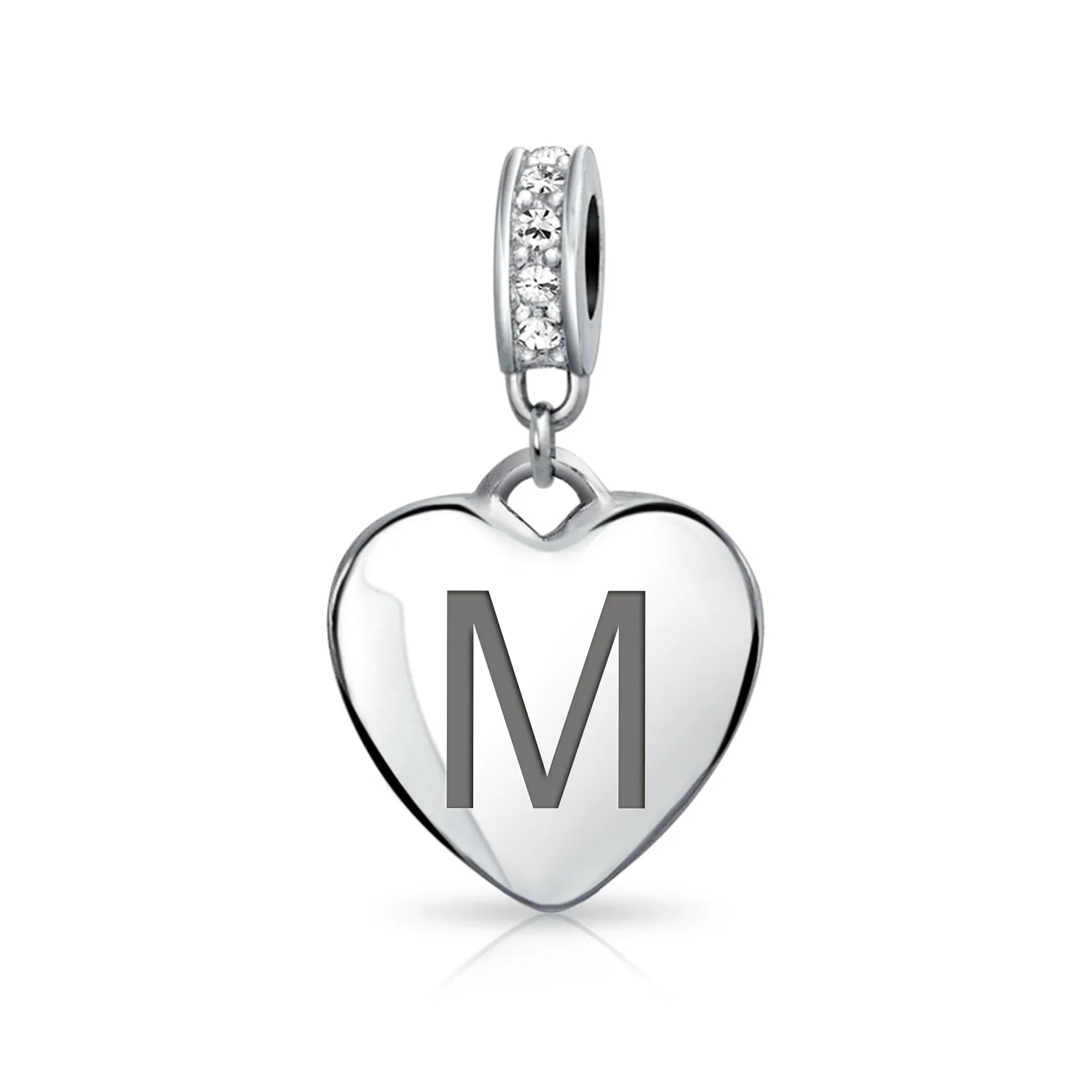 Initial Alphabet Clear Crystal Accent Heart Dangle Bead Charm Sterling Silver - Image 13