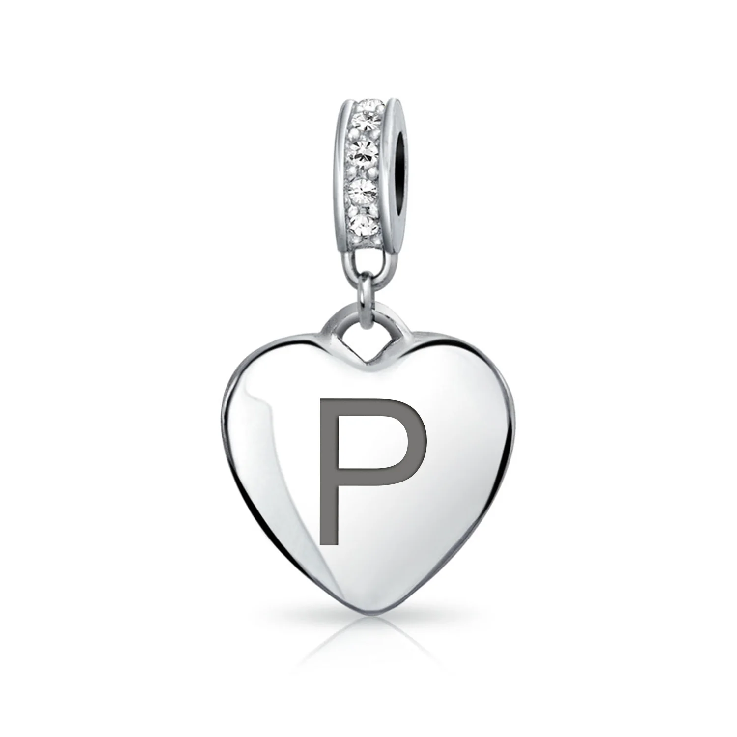 Initial Alphabet Clear Crystal Accent Heart Dangle Bead Charm Sterling Silver - Image 16