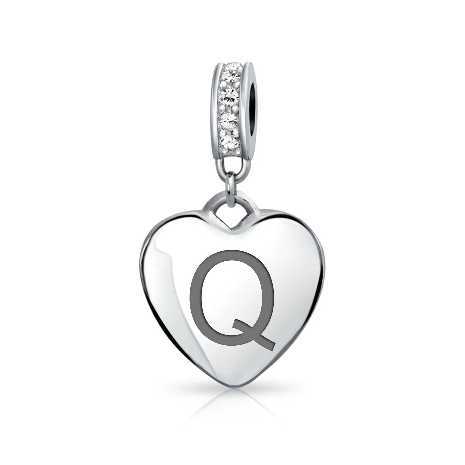 Initial Alphabet Clear Crystal Accent Heart Dangle Bead Charm Sterling Silver - Image 17