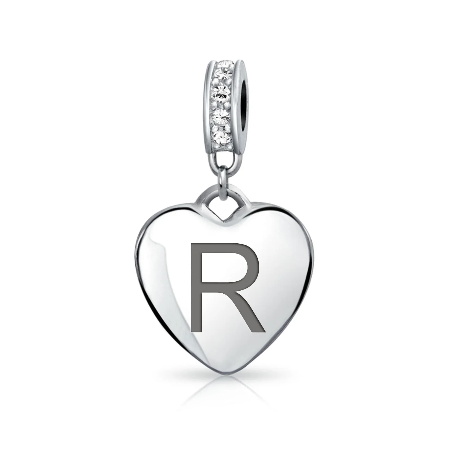 Initial Alphabet Clear Crystal Accent Heart Dangle Bead Charm Sterling Silver - Image 18