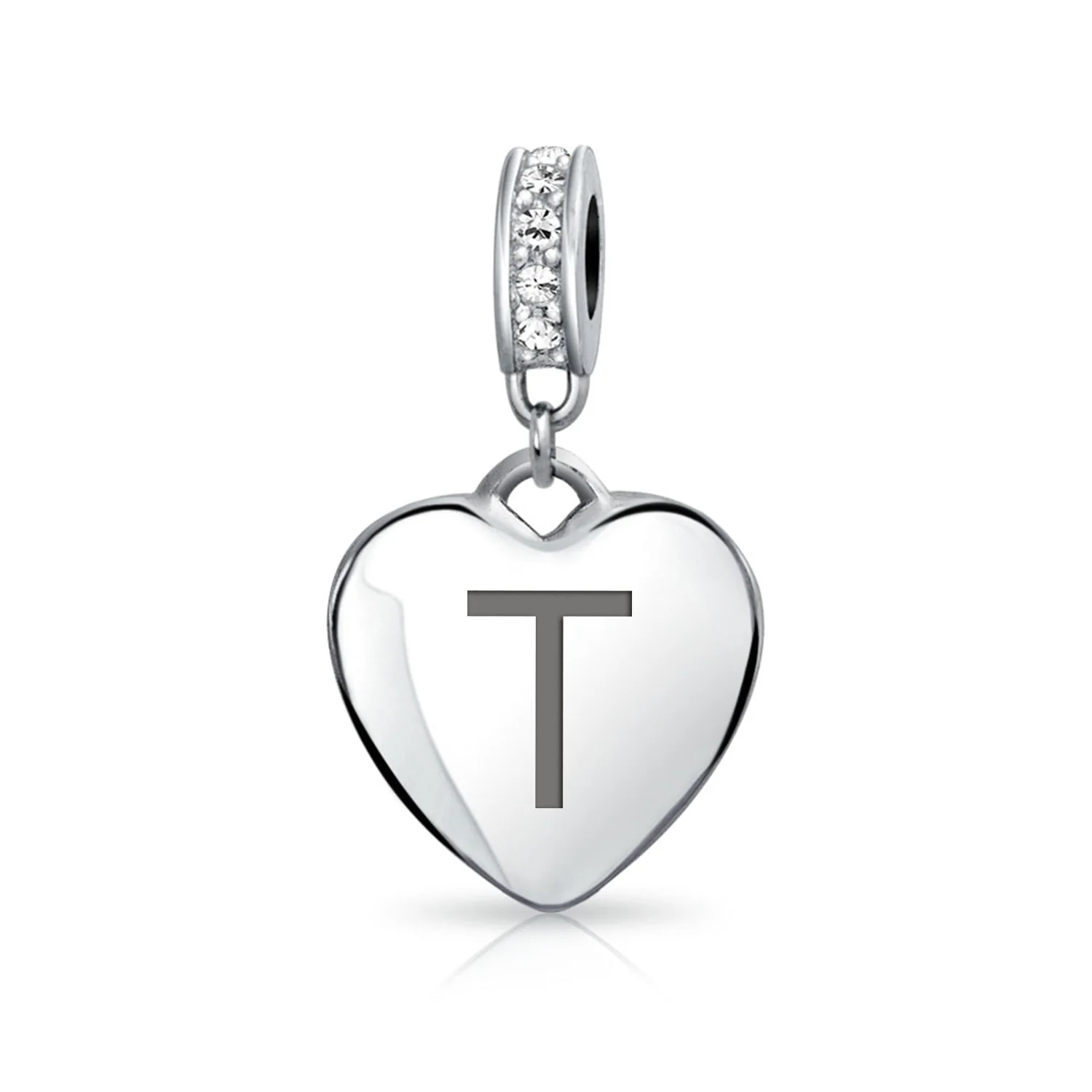 Initial Alphabet Clear Crystal Accent Heart Dangle Bead Charm Sterling Silver - Image 19