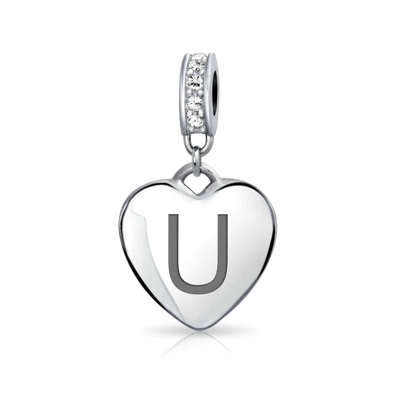 Initial Alphabet Clear Crystal Accent Heart Dangle Bead Charm Sterling Silver - Image 20