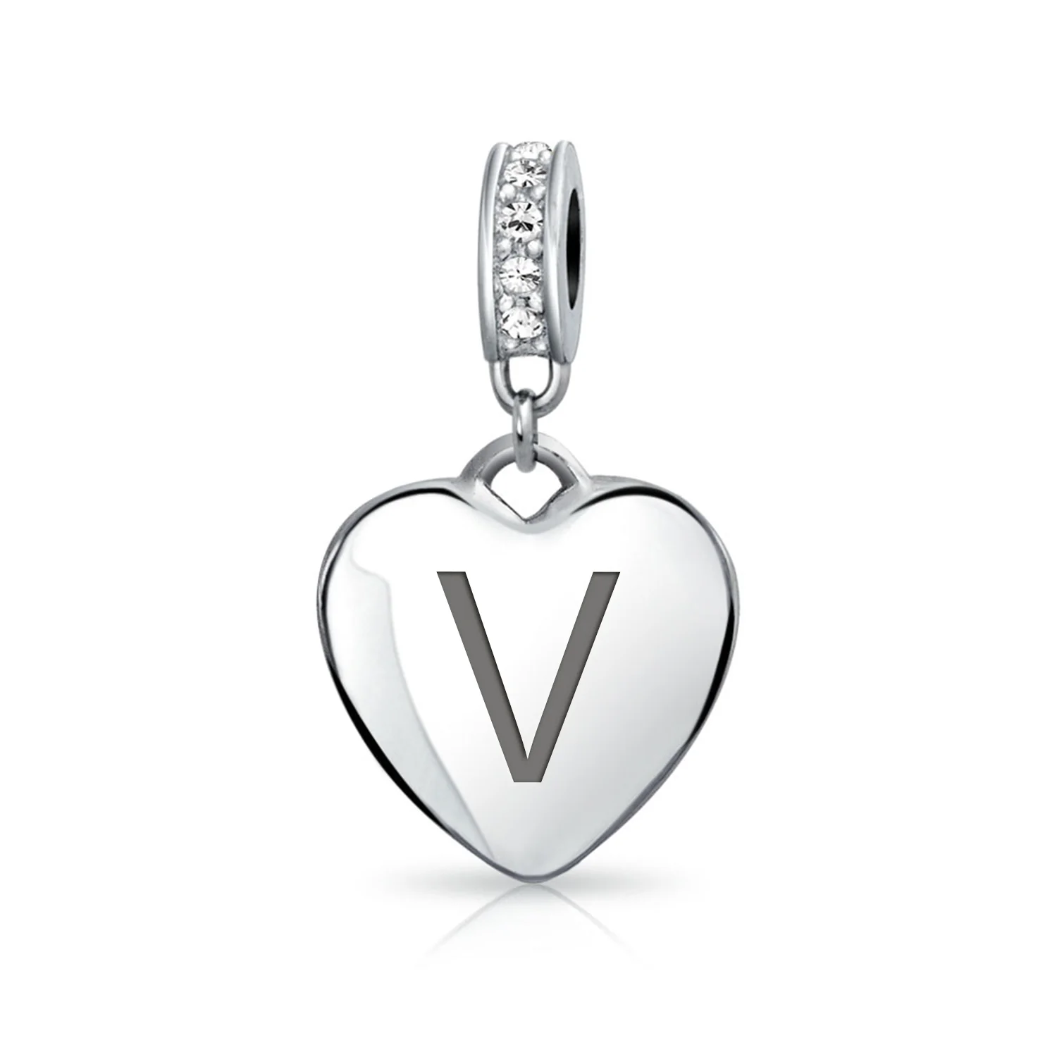 Initial Alphabet Clear Crystal Accent Heart Dangle Bead Charm Sterling Silver - Image 21