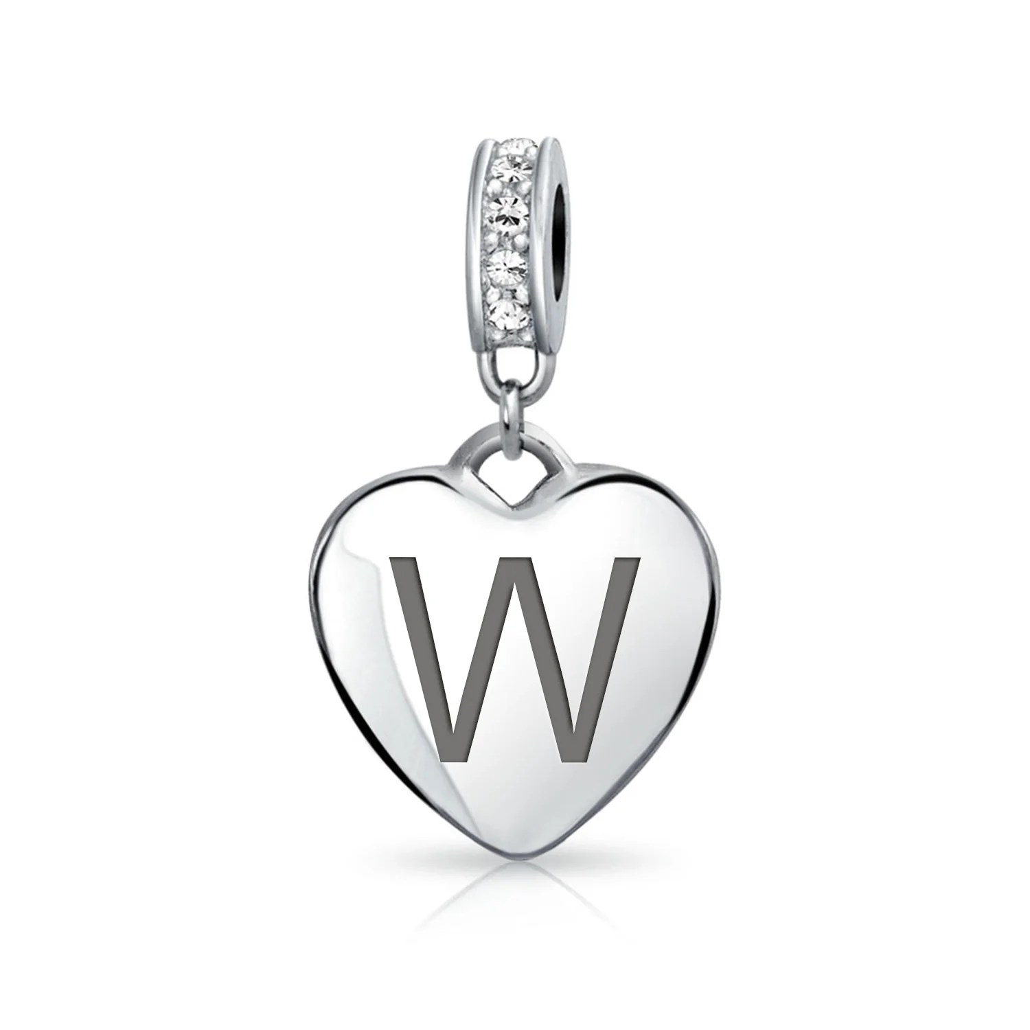 Initial Alphabet Clear Crystal Accent Heart Dangle Bead Charm Sterling Silver - Image 22