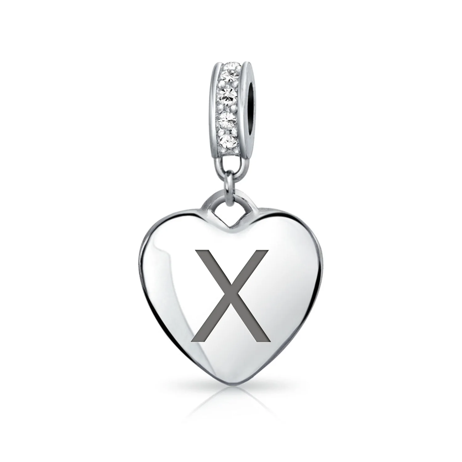 Initial Alphabet Clear Crystal Accent Heart Dangle Bead Charm Sterling Silver - Image 23