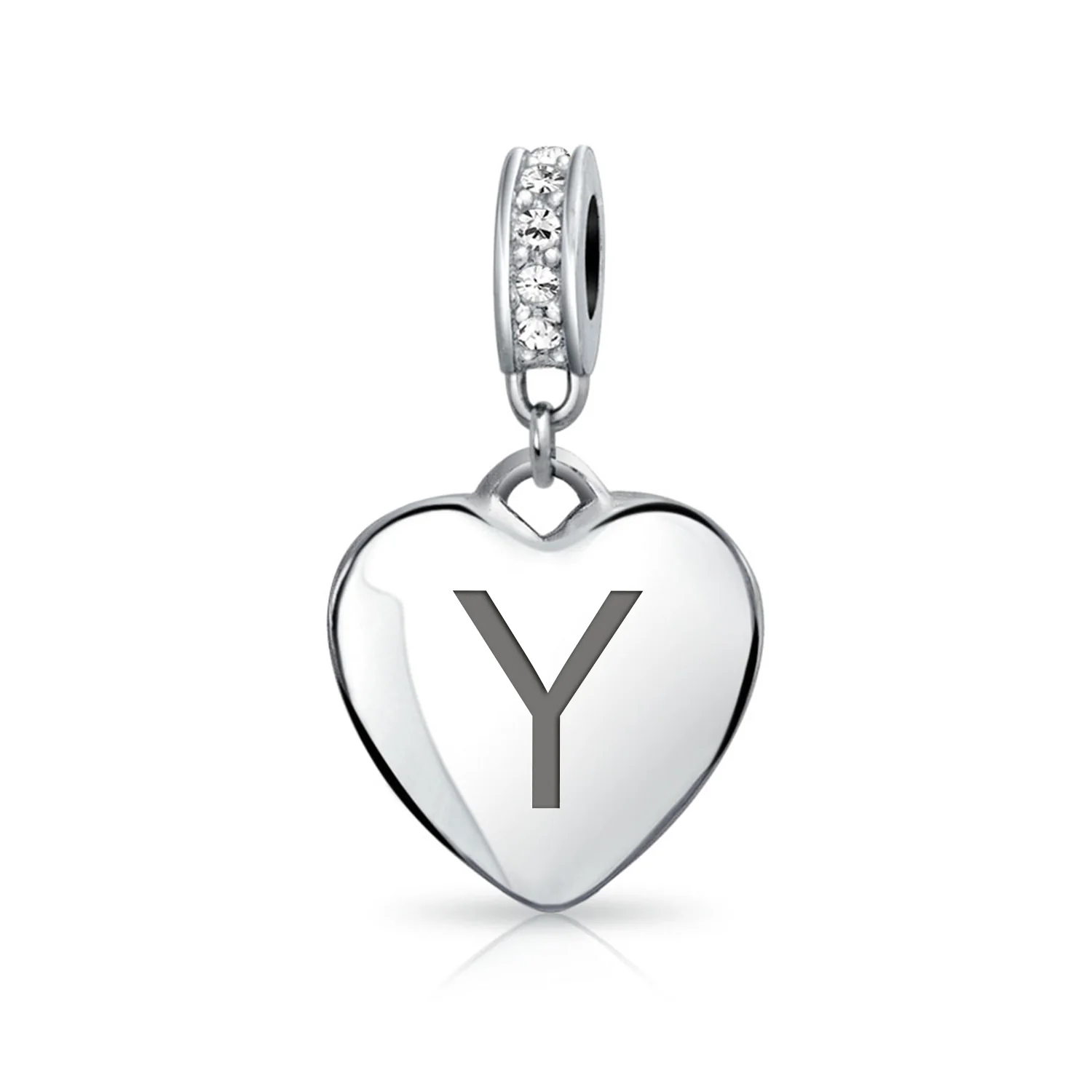Initial Alphabet Clear Crystal Accent Heart Dangle Bead Charm Sterling Silver - Image 24