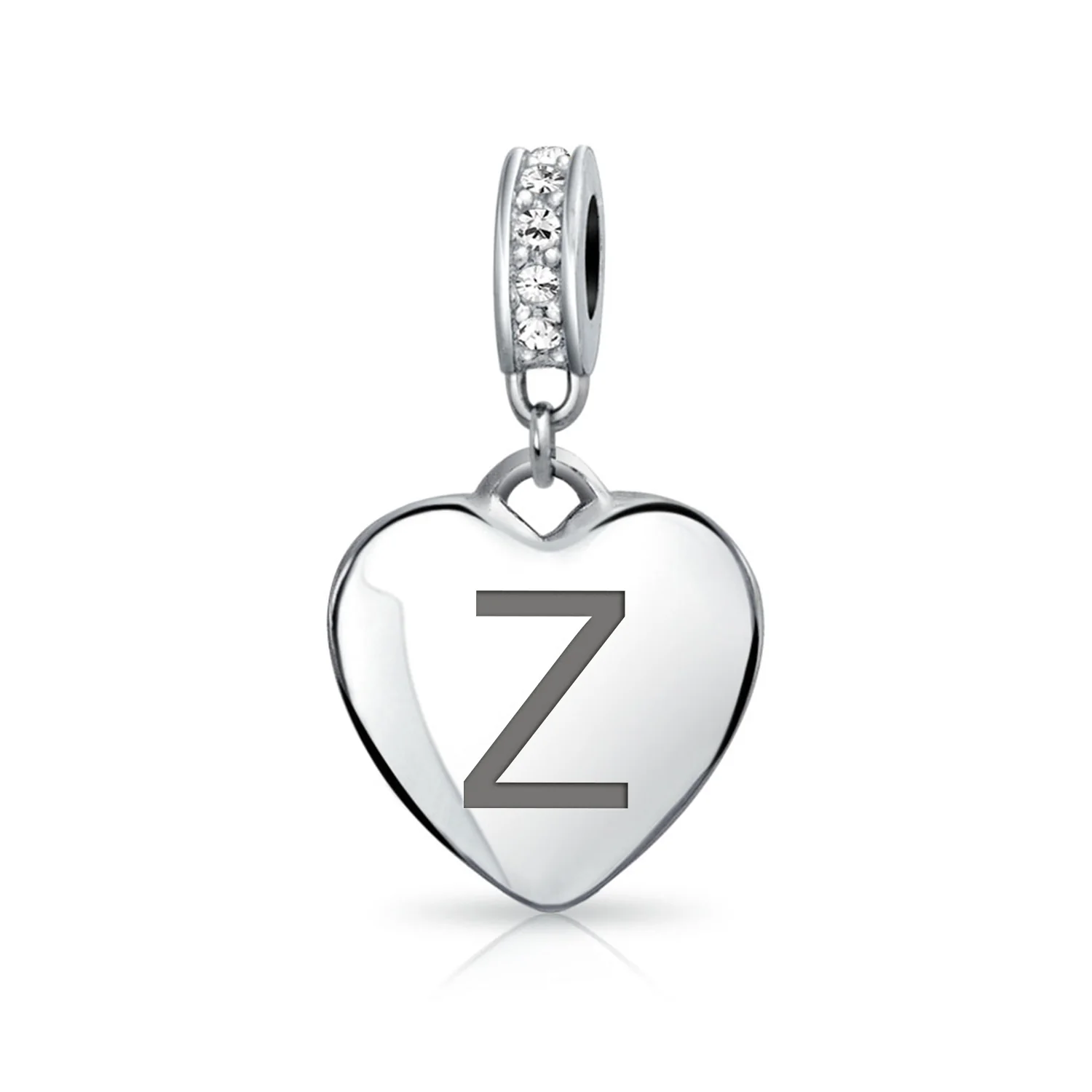 Initial Alphabet Clear Crystal Accent Heart Dangle Bead Charm Sterling Silver - Image 25