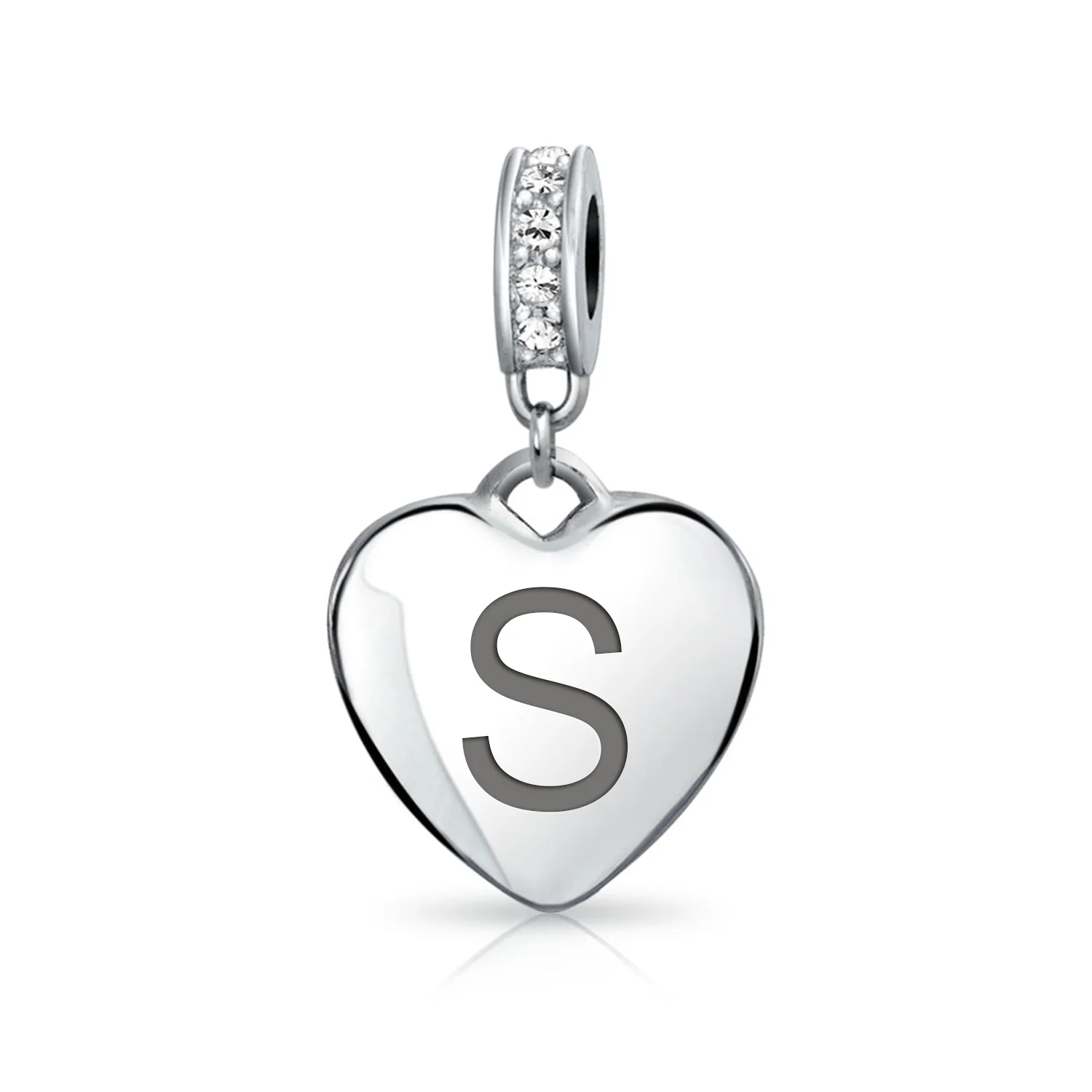 Initial Alphabet Clear Crystal Accent Heart Dangle Bead Charm Sterling Silver - Image 26