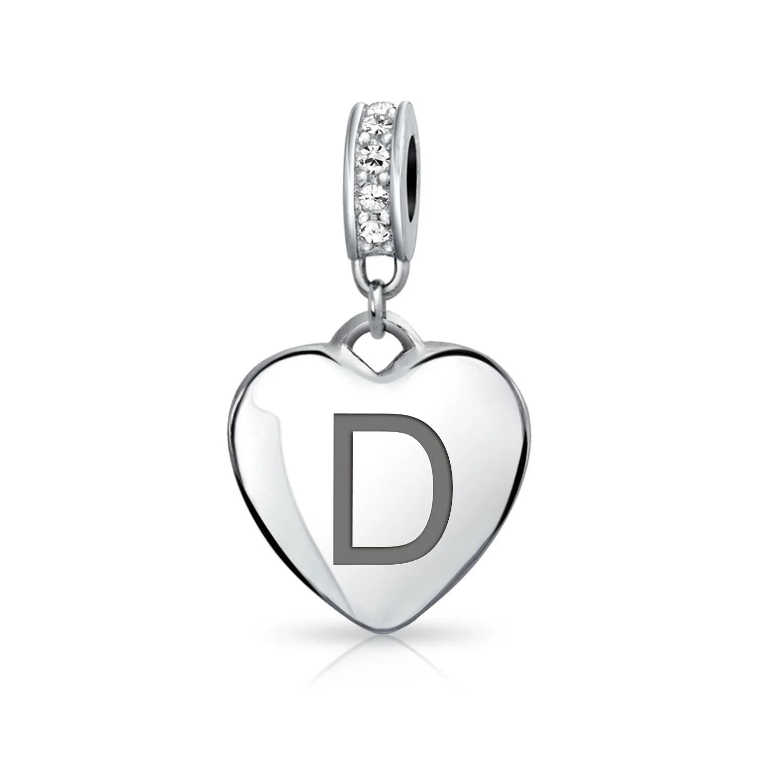 Initial Alphabet Clear Crystal Accent Heart Dangle Bead Charm Sterling Silver - Image 4