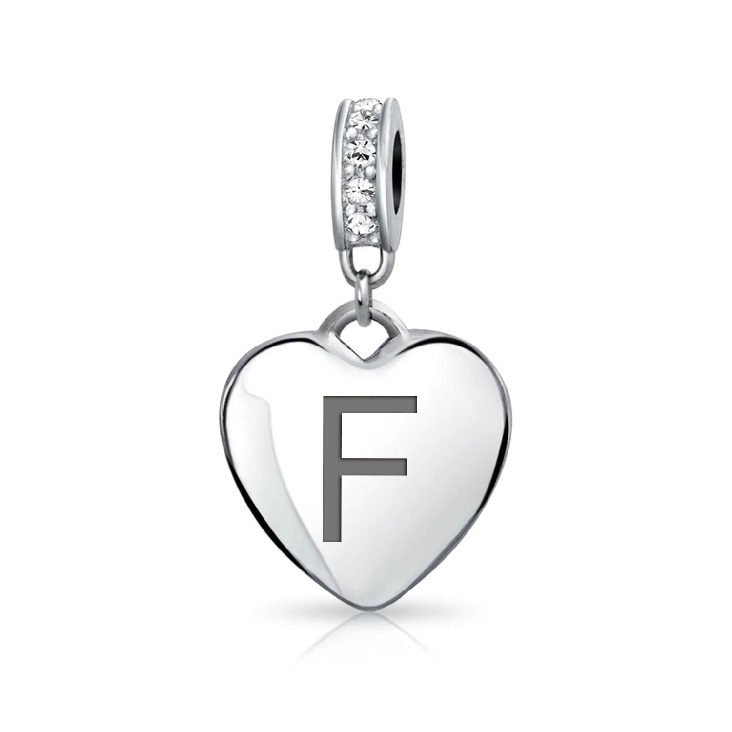 Initial Alphabet Clear Crystal Accent Heart Dangle Bead Charm Sterling Silver - Image 6