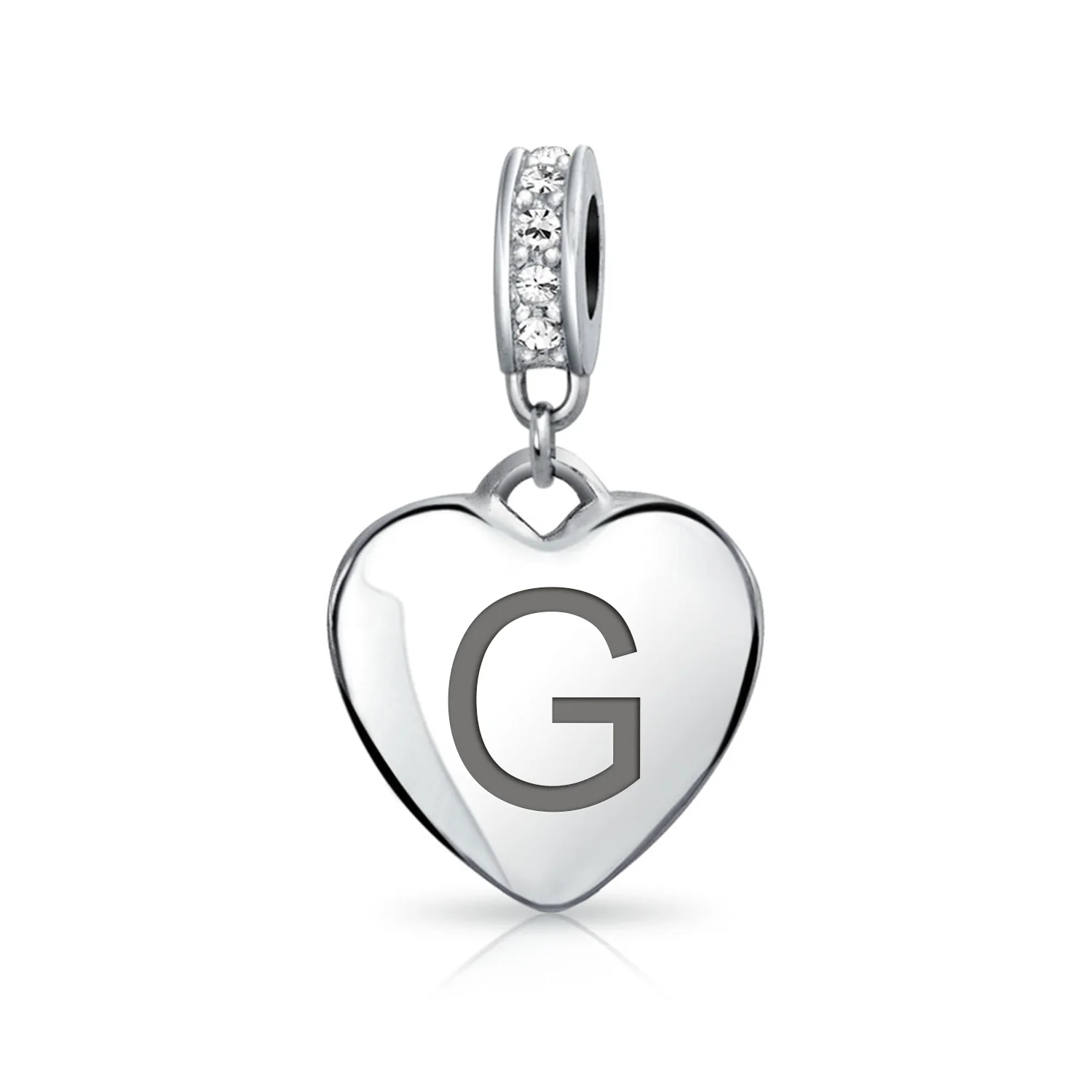 Initial Alphabet Clear Crystal Accent Heart Dangle Bead Charm Sterling Silver - Image 7