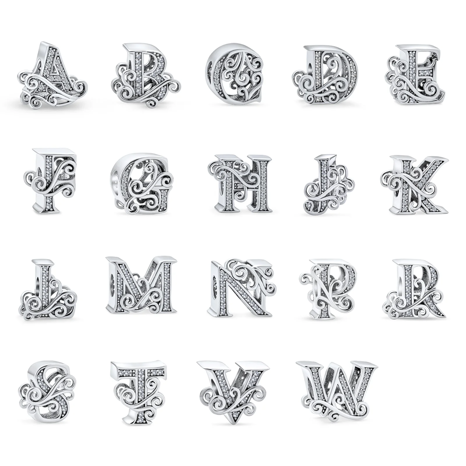 Fancy Scroll CZ Sparkle Letter Charm Bead Sterling Silver For European Bracelet - Image 12