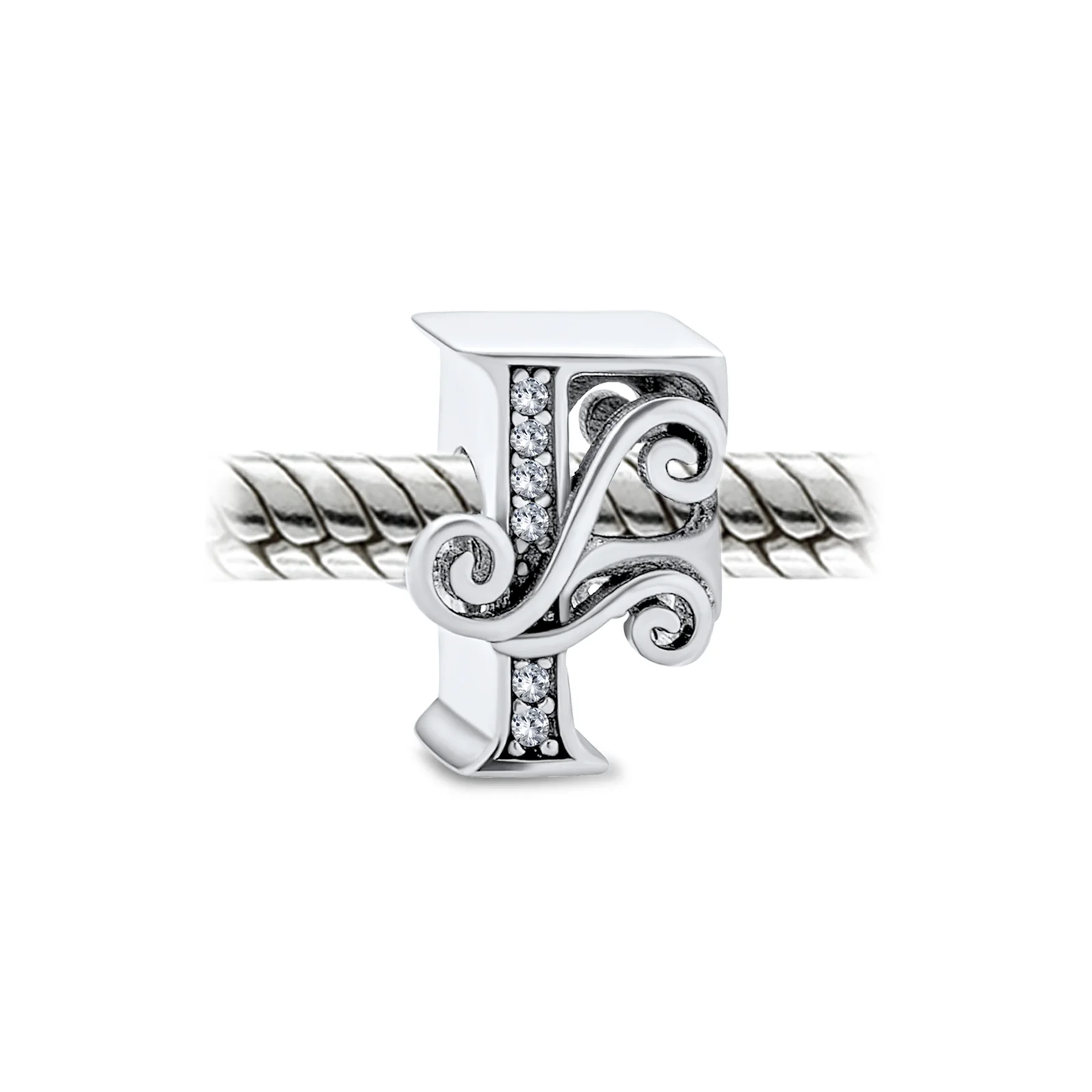 Fancy Scroll CZ Sparkle Letter Charm Bead Sterling Silver For European Bracelet - Image 5