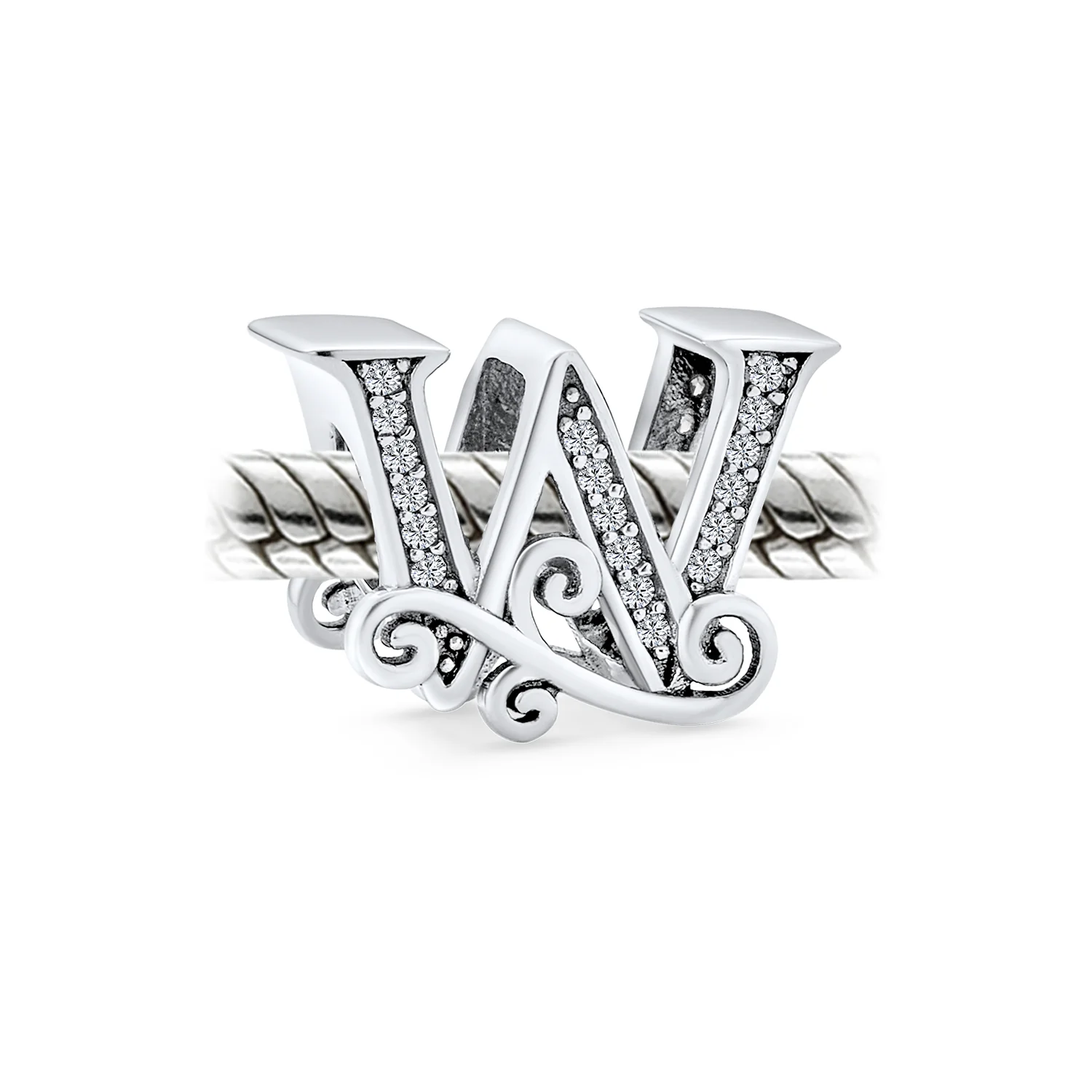 Fancy Scroll CZ Sparkle Letter Charm Bead Sterling Silver For European Bracelet - Image 6
