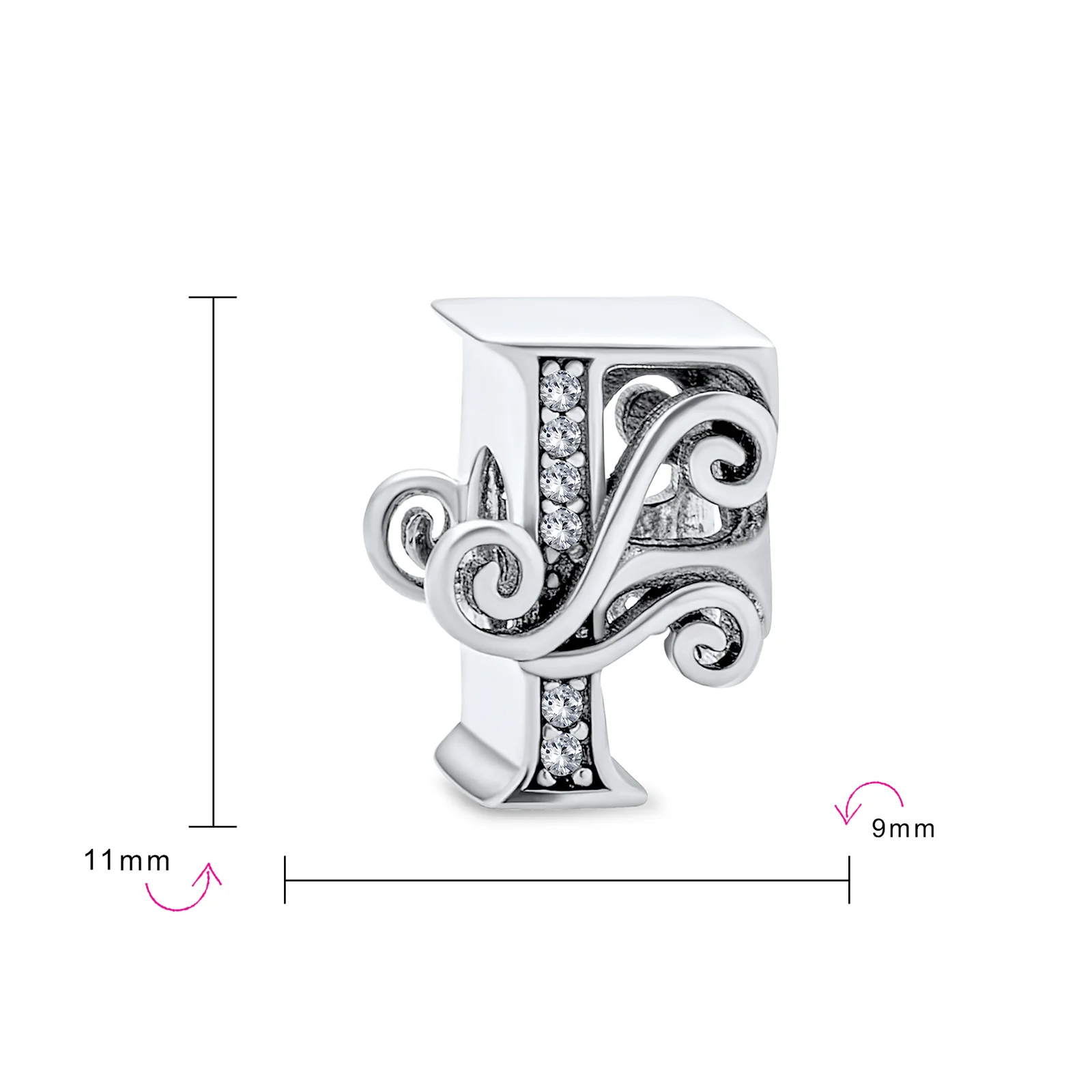 Fancy Scroll CZ Sparkle Letter Charm Bead Sterling Silver For European Bracelet - Image 8