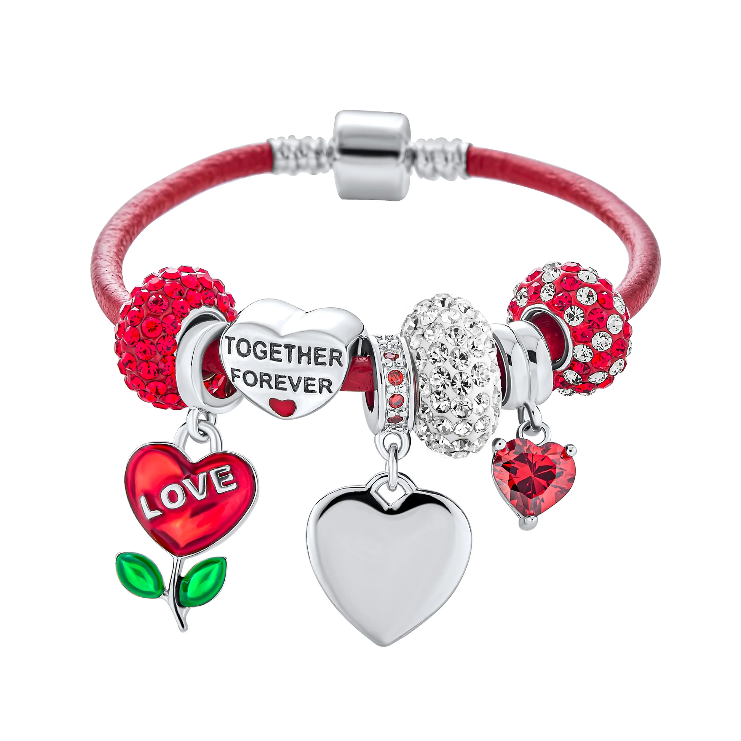 Initials Love Heart Charm Bracelet with Genuine Red Leather and Sterling Silver Clasp - Image 2