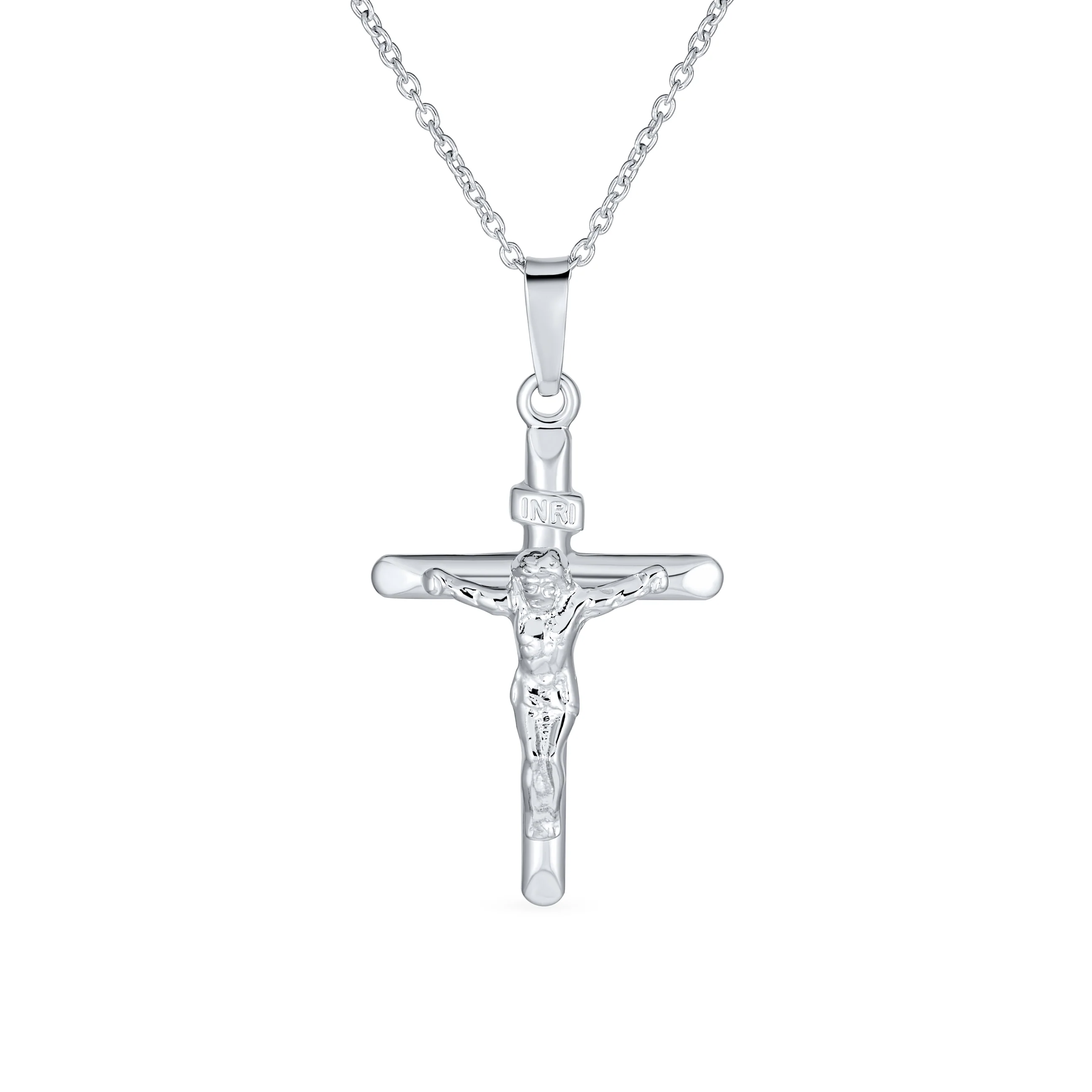 Religious INRI Jesus Crucifix Cross Necklace Pendant .925 Sterling Silver 18 Inch