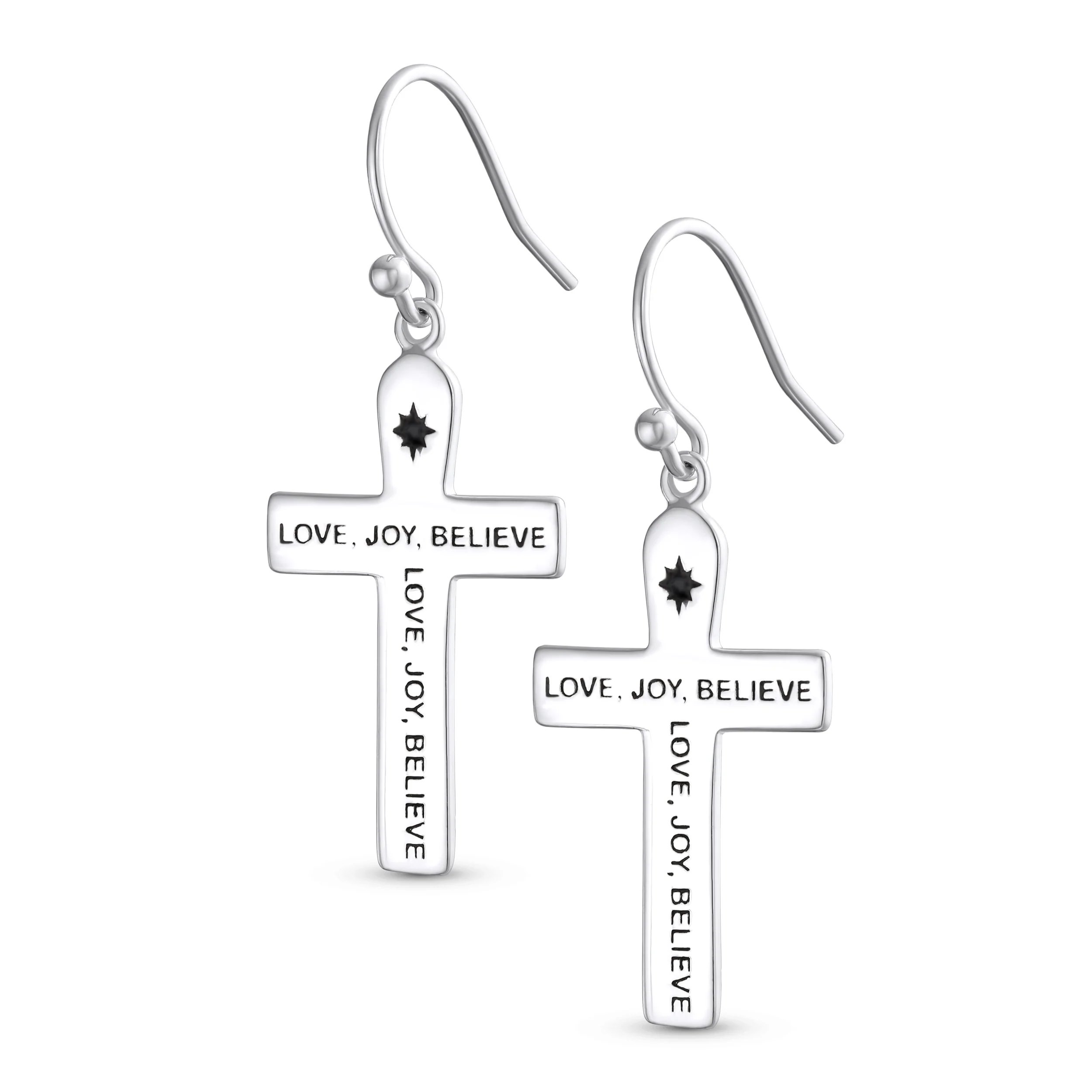 Religious Love Joy Believe Cross Dangle Earrings Silver - Image 2