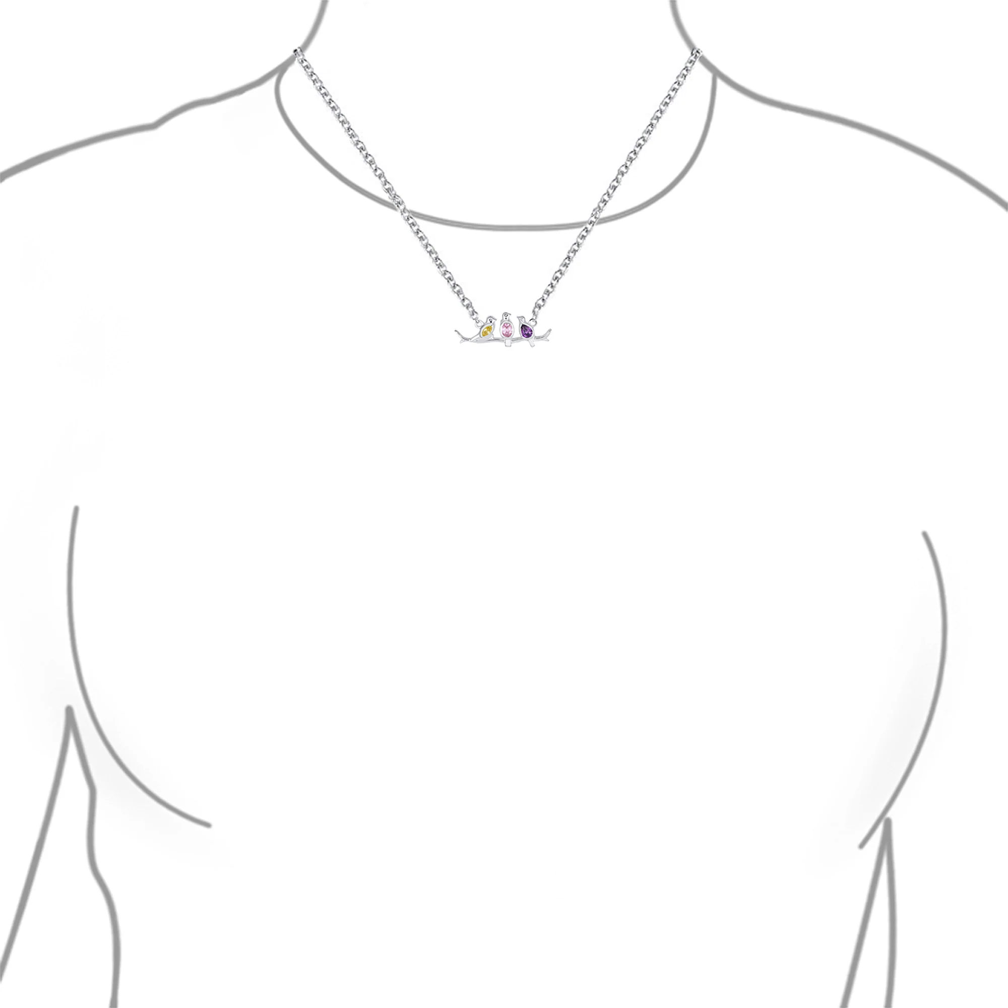 Inspirational CZ Accented Pendant Necklace with Three Birds on a Branch Silver - Image 3