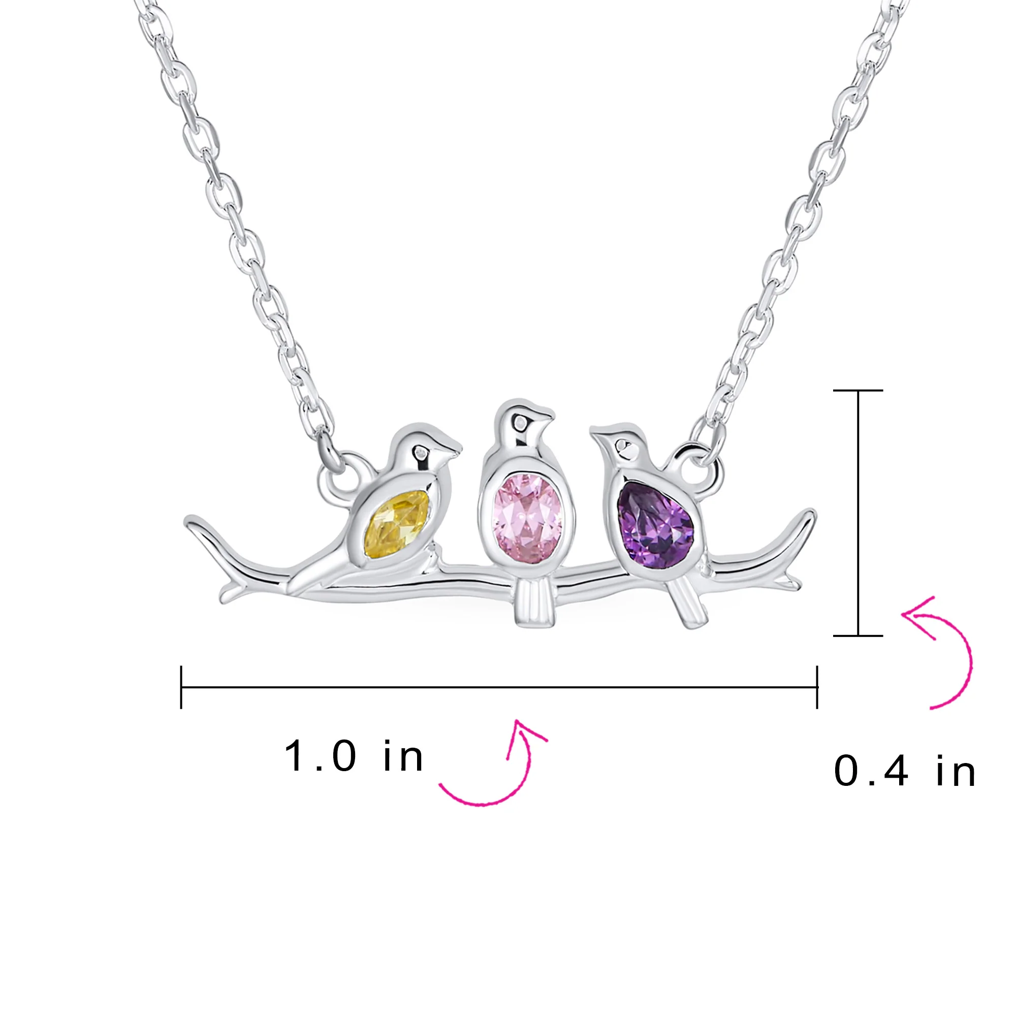 Inspirational CZ Accented Pendant Necklace with Three Birds on a Branch Silver - Image 4
