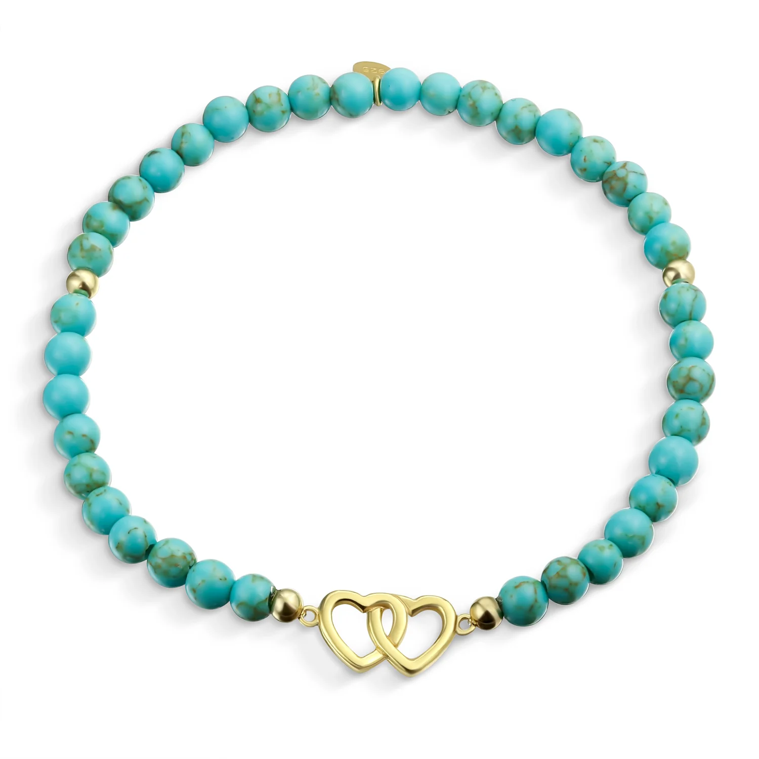 Danity Interlocking Hearts Turquoise Strand Bead Stretch Bracelet Gold Plated Sterling Silver