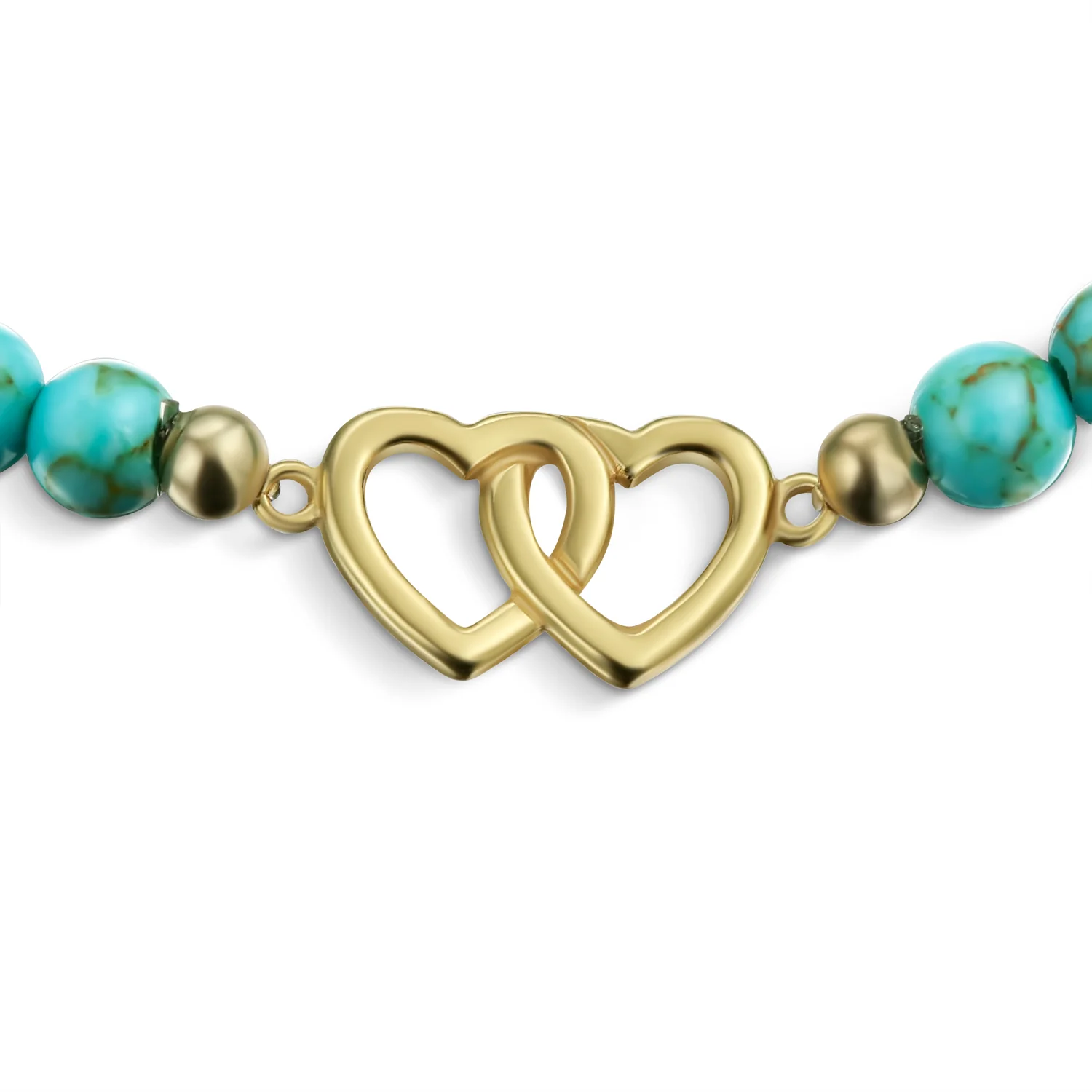 Danity Interlocking Hearts Turquoise Strand Bead Stretch Bracelet Gold Plated Sterling Silver - Image 2