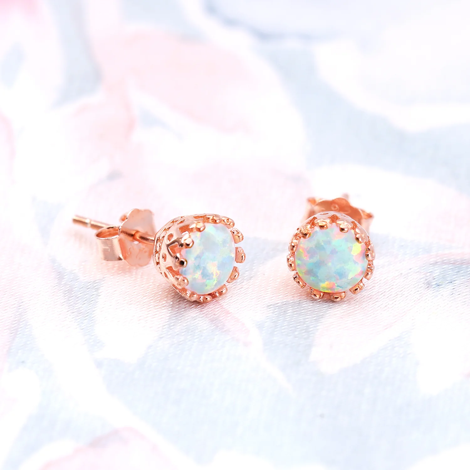 Crown Set Created White Opal Solitaire Stud Earrings Rose Gold Plated Sterling Silver 6MM - Image 25