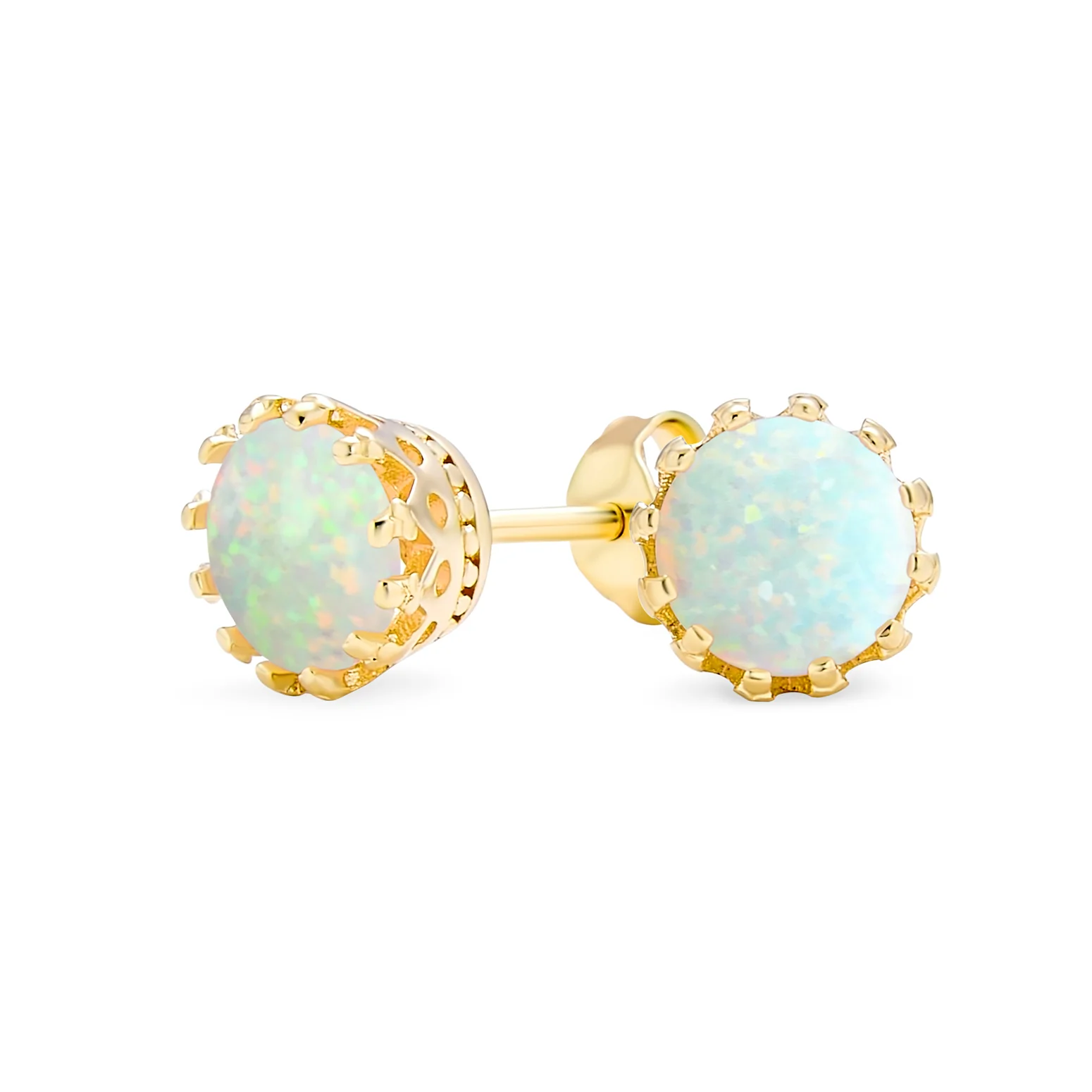 Crown Set Created White Opal Solitaire Stud Earrings Rose Gold Plated Sterling Silver 6MM - Image 4