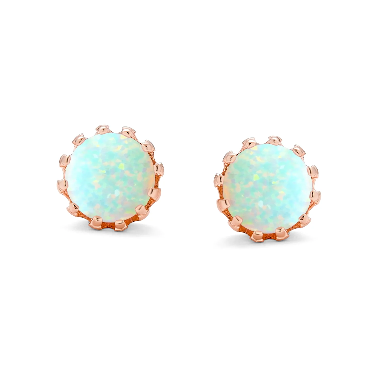 Crown Set Created White Opal Solitaire Stud Earrings Rose Gold Plated Sterling Silver 6MM - Image 7