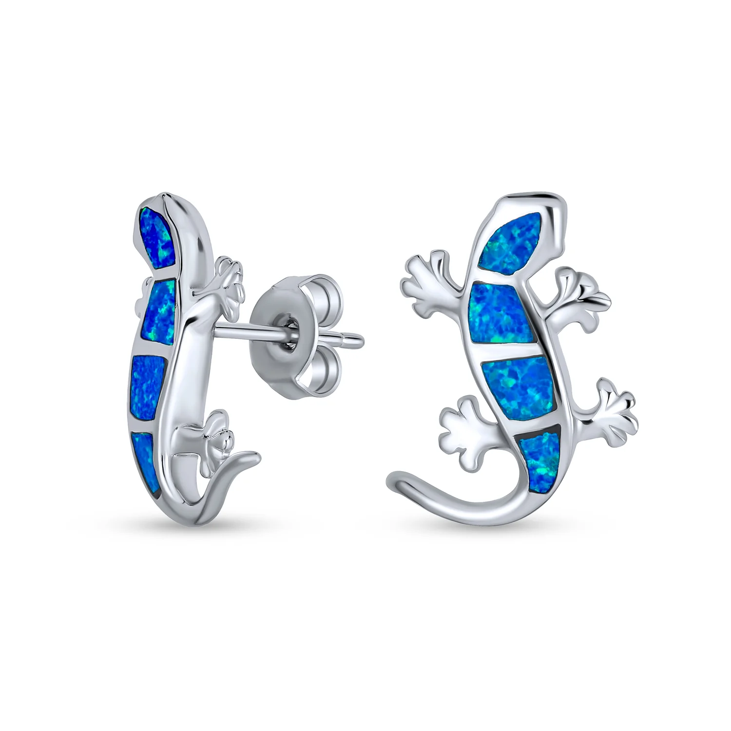 Created Blue Opal Inlay Garden Gecko Lounge Lizard Stud Earrings .925 Sterling Silver