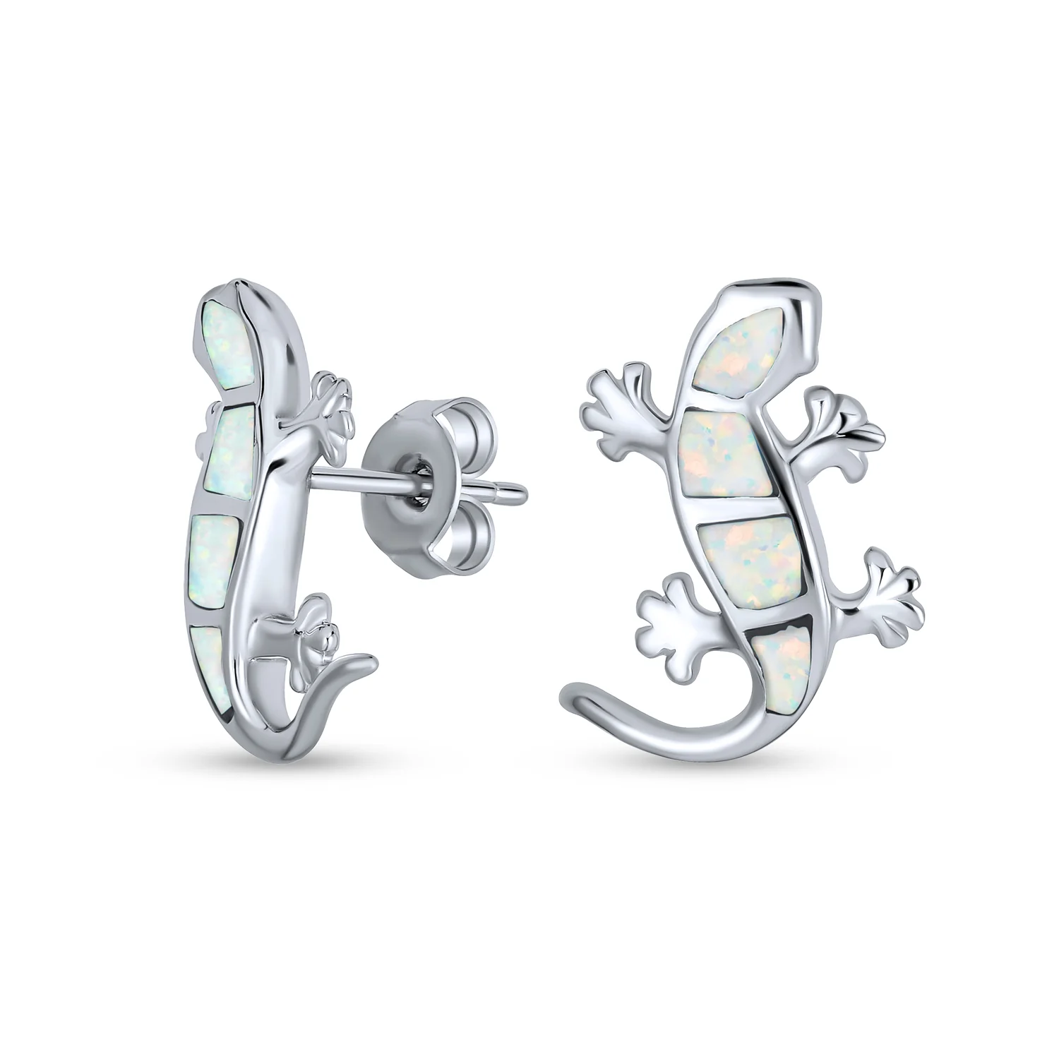 Created Blue Opal Inlay Garden Gecko Lounge Lizard Stud Earrings .925 Sterling Silver - Image 2