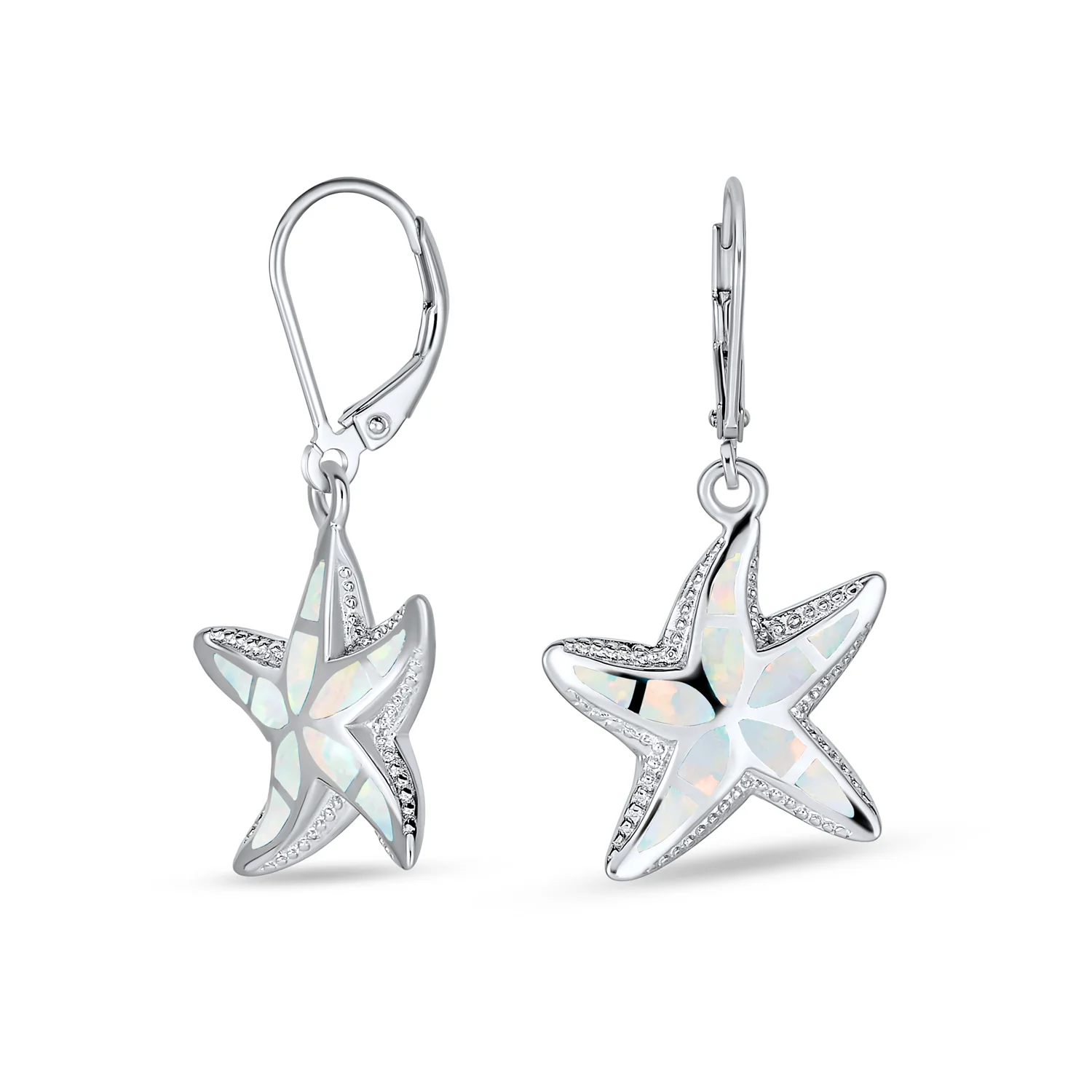 Iridescent Created Opal Inlay Starfish Dangle Drop Earrings - Image 2