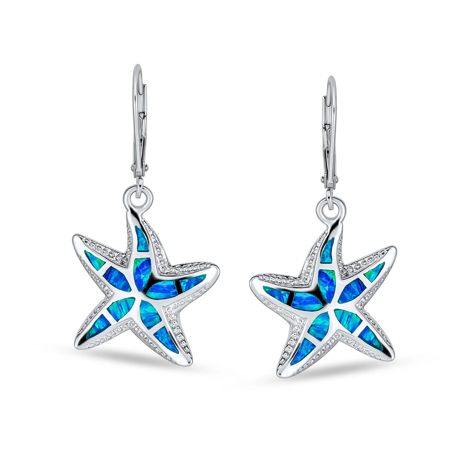 Iridescent Created Opal Inlay Starfish Dangle Drop Earrings - Image 3